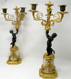Antique Pair Gilt Bronze Ormolu Marble Three Light Candelabra Clodion Grand Tour