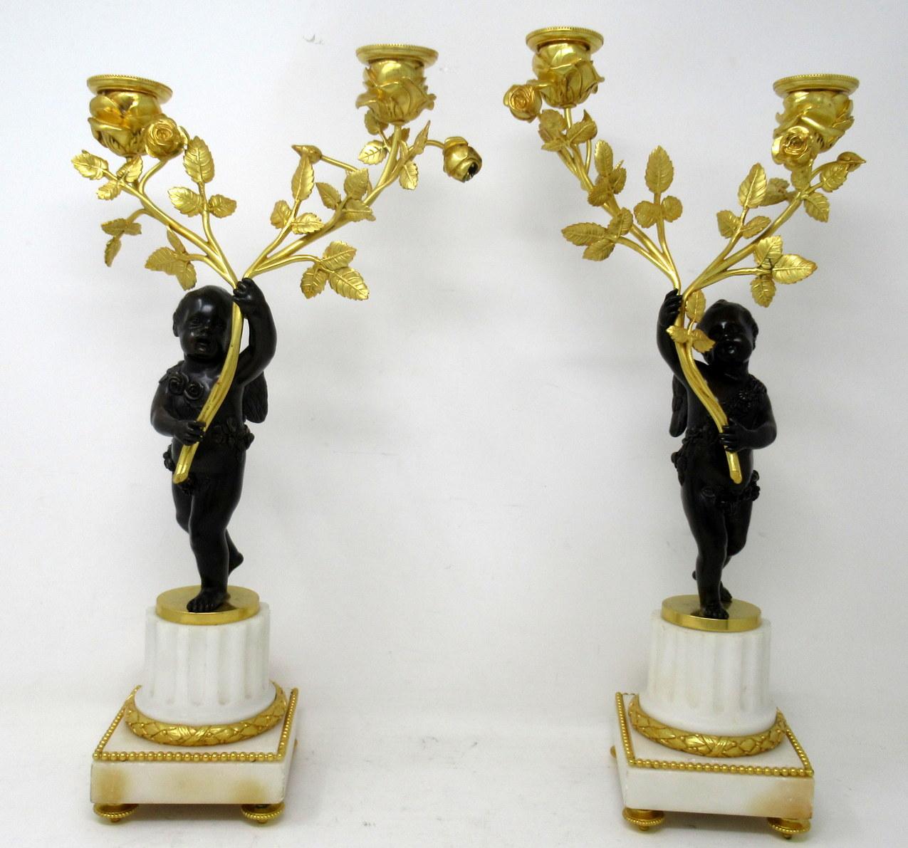 Early Victorian Antique Pair Gilt Bronze Ormolu Marble Twin Light Candelabra Clodion Grand Tour