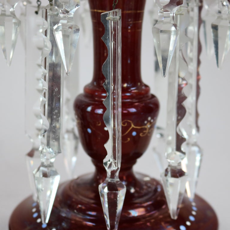 Antique Pair Gilt Decorated Cranberry Glass Mantle Lusters with Prisms
