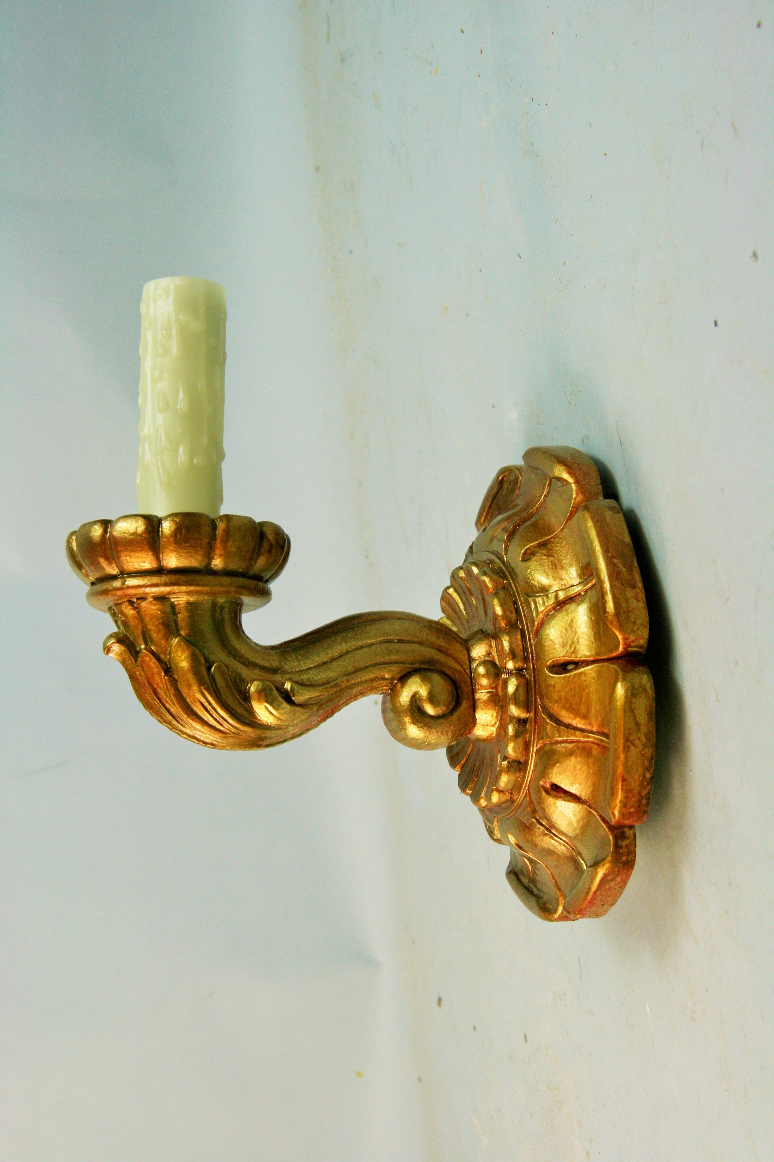 Antique Pair Gilt  Italian  Hand Carved Wood Sconces, 1920's For Sale 1