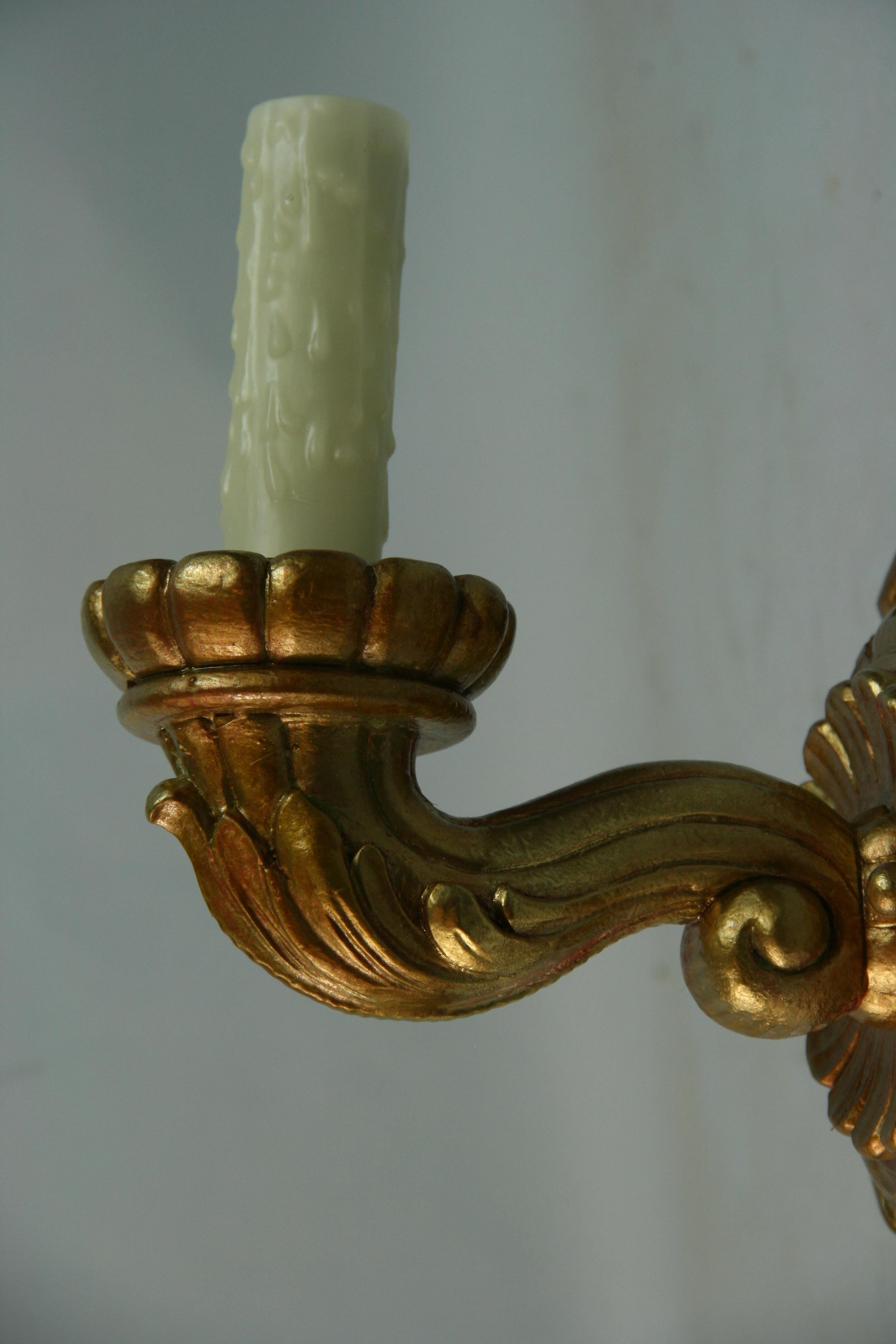 Antique Pair Gilt  Italian  Hand Carved Wood Sconces, 1920's For Sale 2