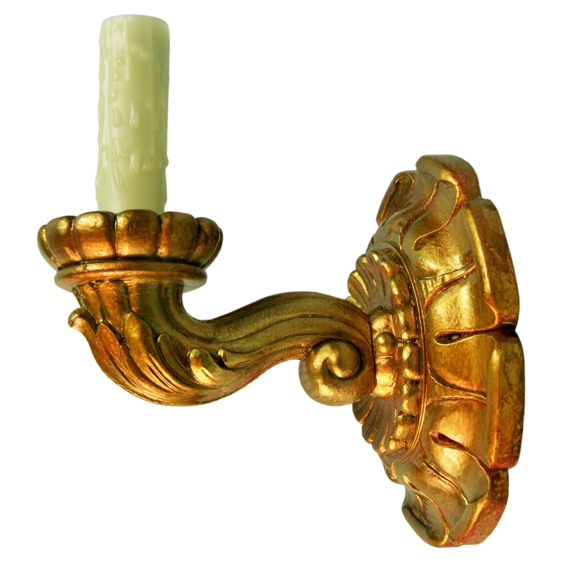 Antique Pair Gilt  Italian  Hand Carved Wood Sconces, 1920's For Sale