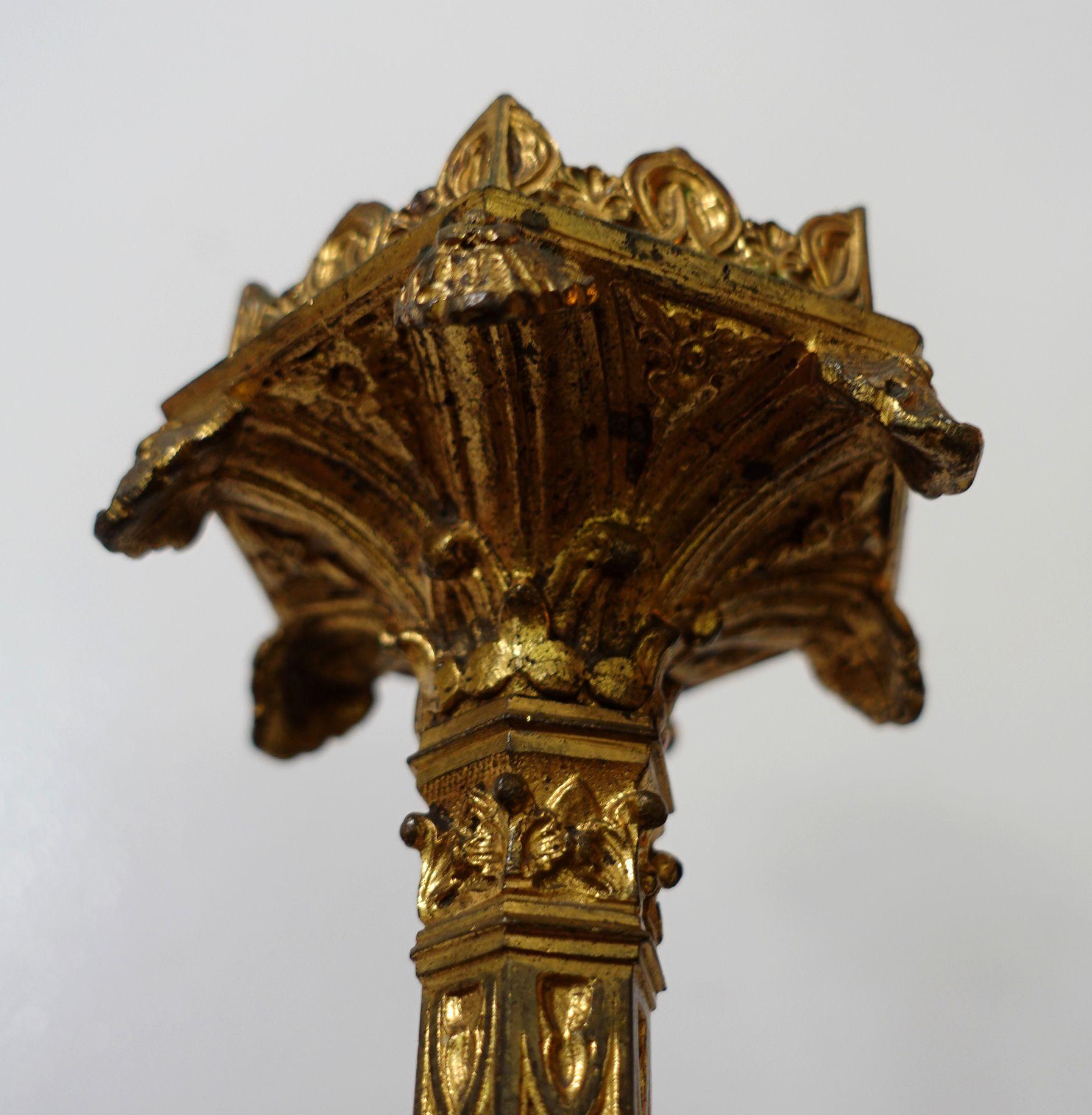 Antique Pair Gothic Cathedral Brass Prickets-Church/Altar Candlesticks, Ric.0042 For Sale 4