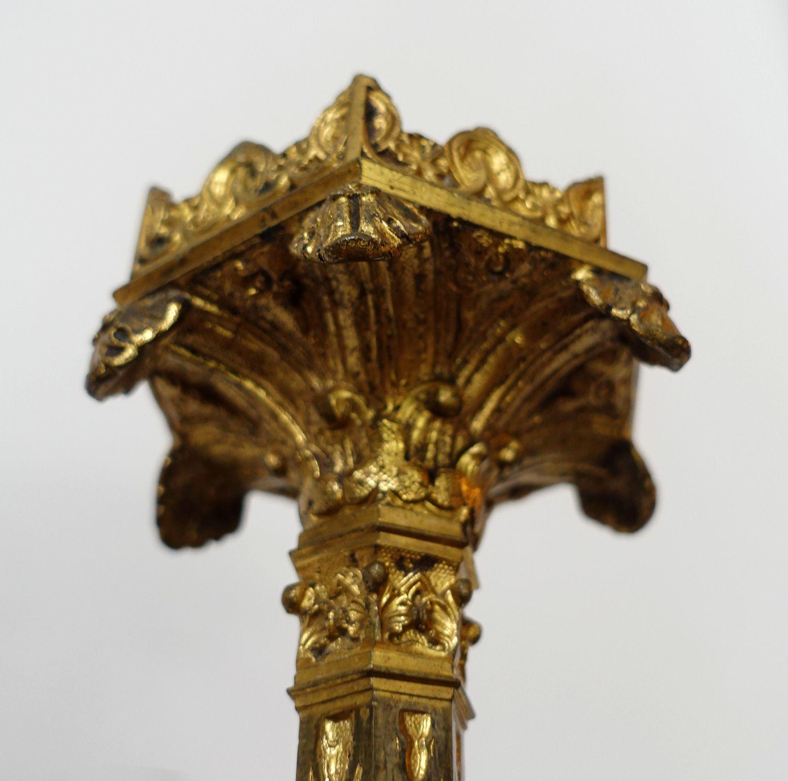 Antique Pair Gothic Cathedral Brass Prickets-Church/Altar Candlesticks, Ric.0042 For Sale 5