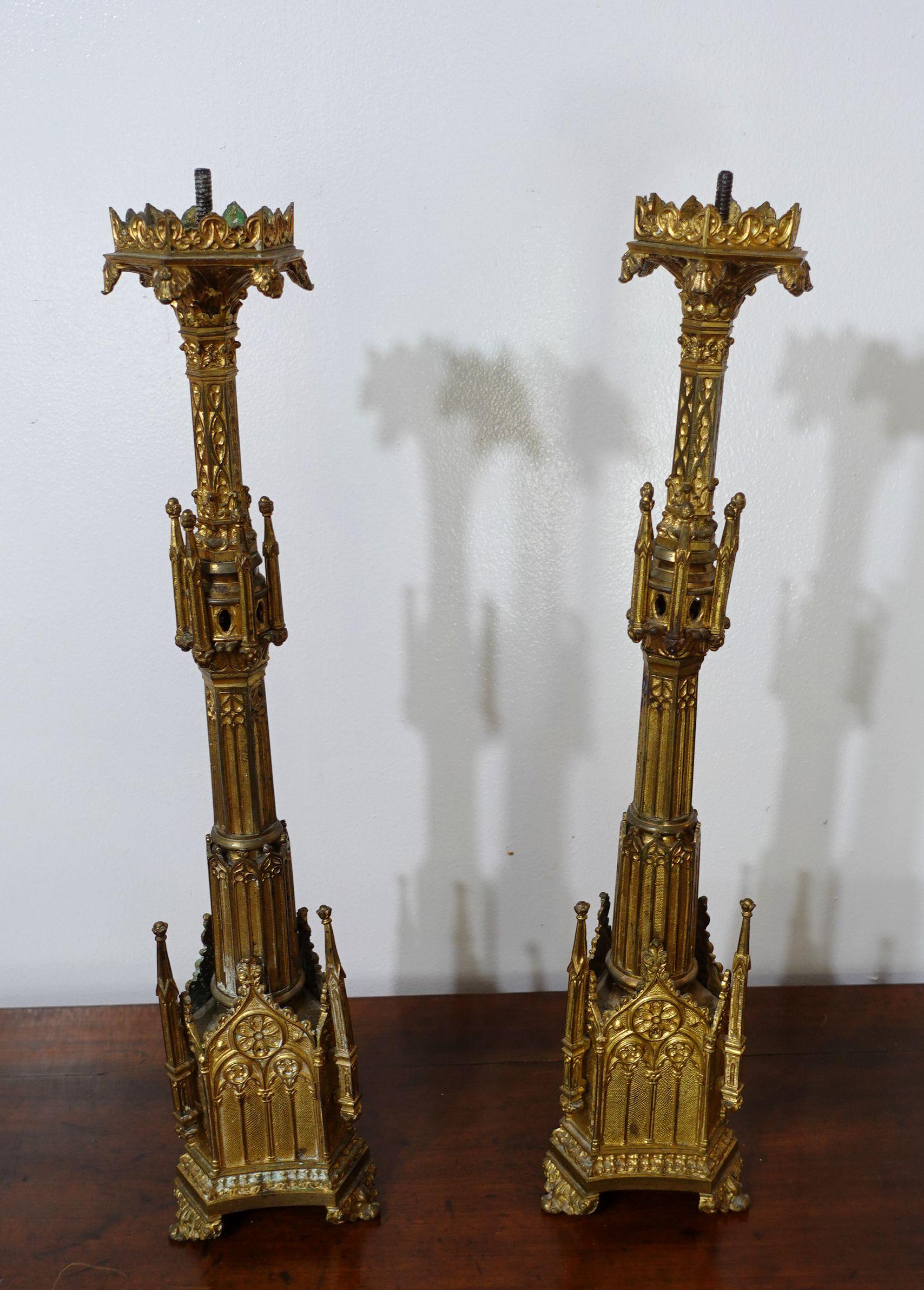 Louis XV Antique Pair Gothic Cathedral Brass Prickets-Church/Altar Candlesticks, Ric.0042 For Sale