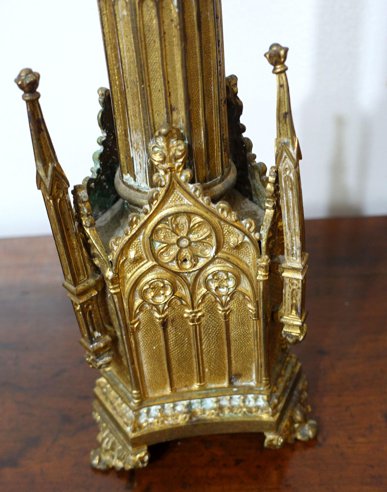Antique Pair Gothic Cathedral Brass Prickets-Church/Altar Candlesticks, Ric.0042 In Good Condition For Sale In Norton, MA