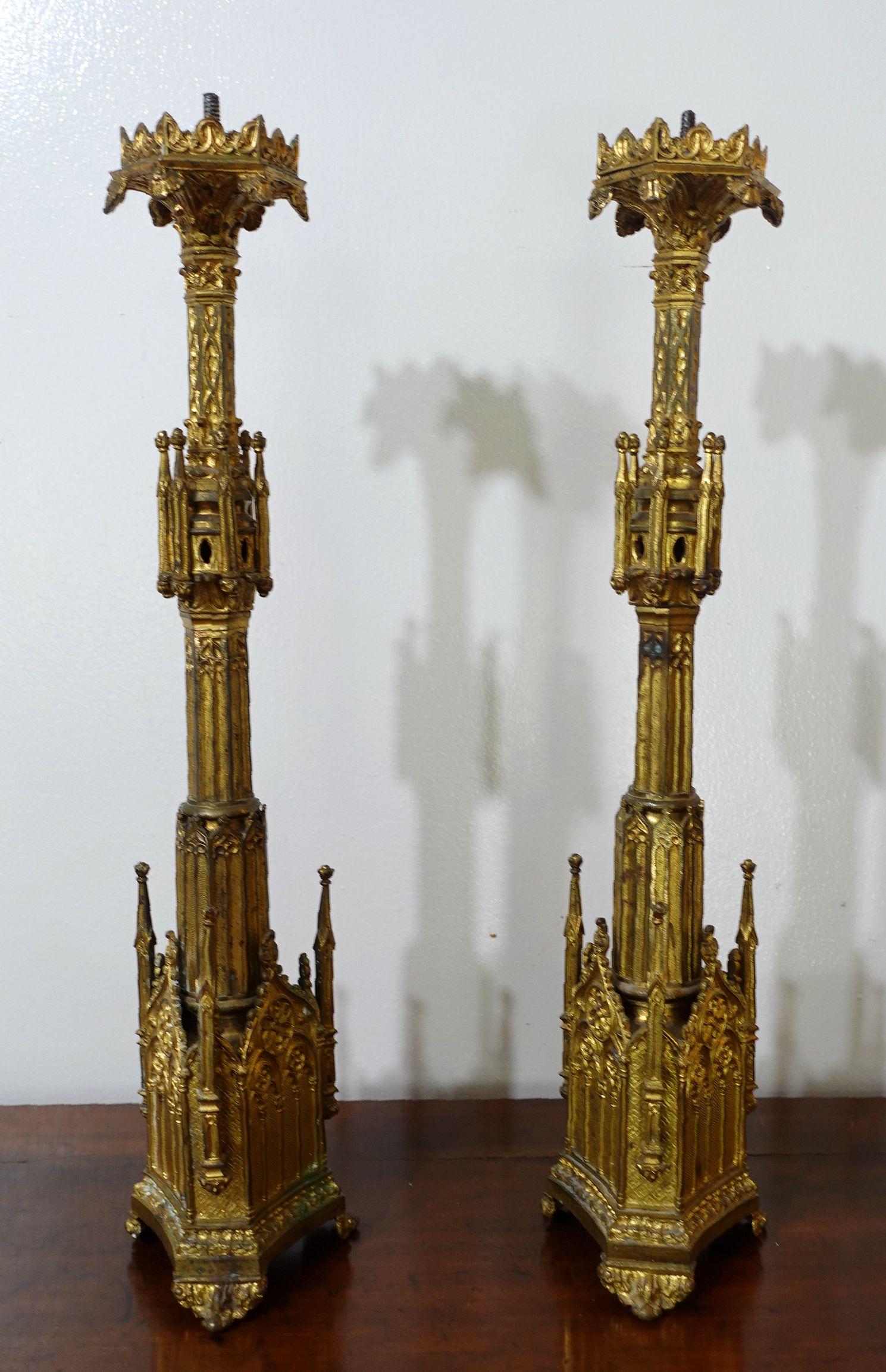 19th Century Antique Pair Gothic Cathedral Brass Prickets-Church/Altar Candlesticks, Ric.0042 For Sale