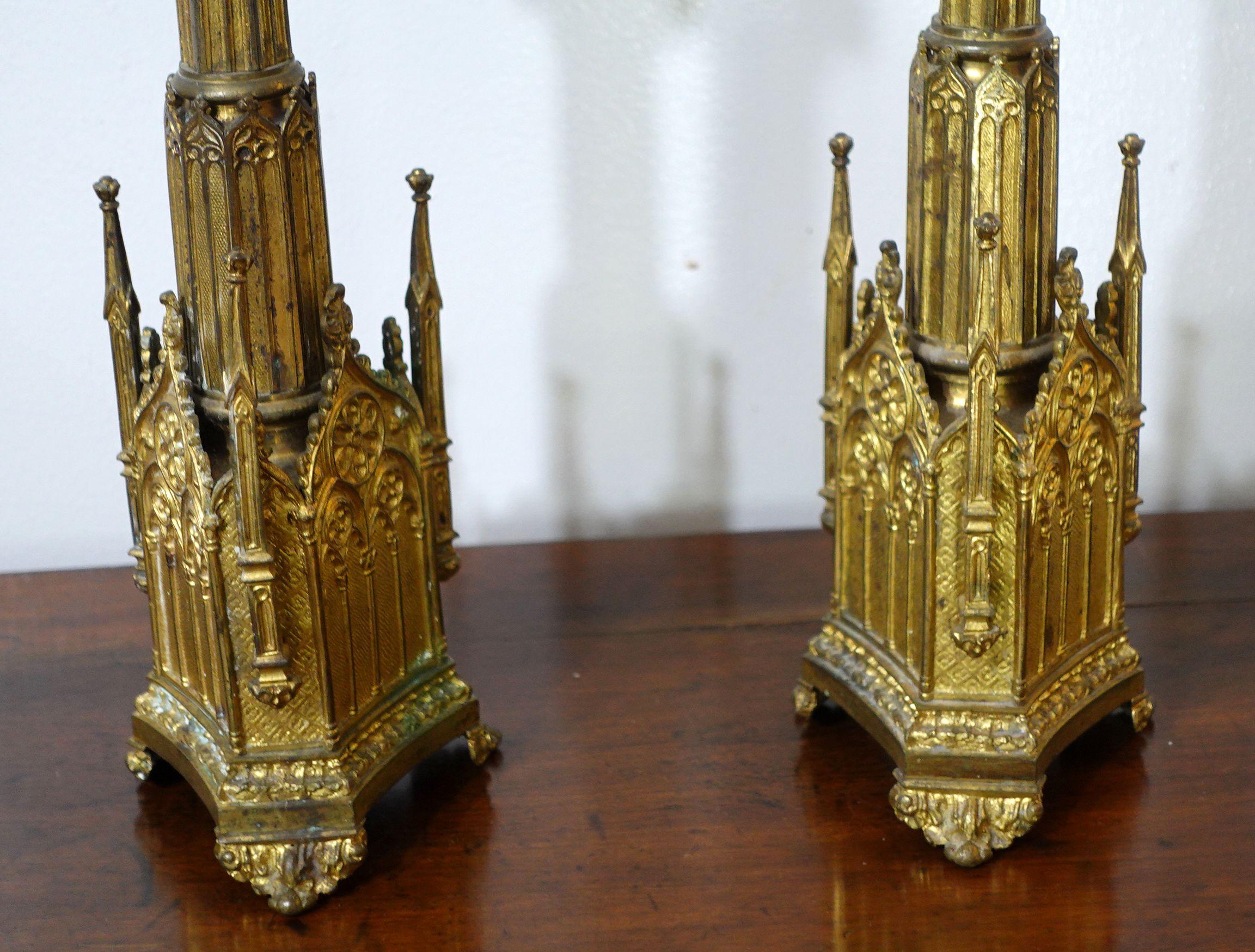 Bronze Antique Pair Gothic Cathedral Brass Prickets-Church/Altar Candlesticks, Ric.0042 For Sale