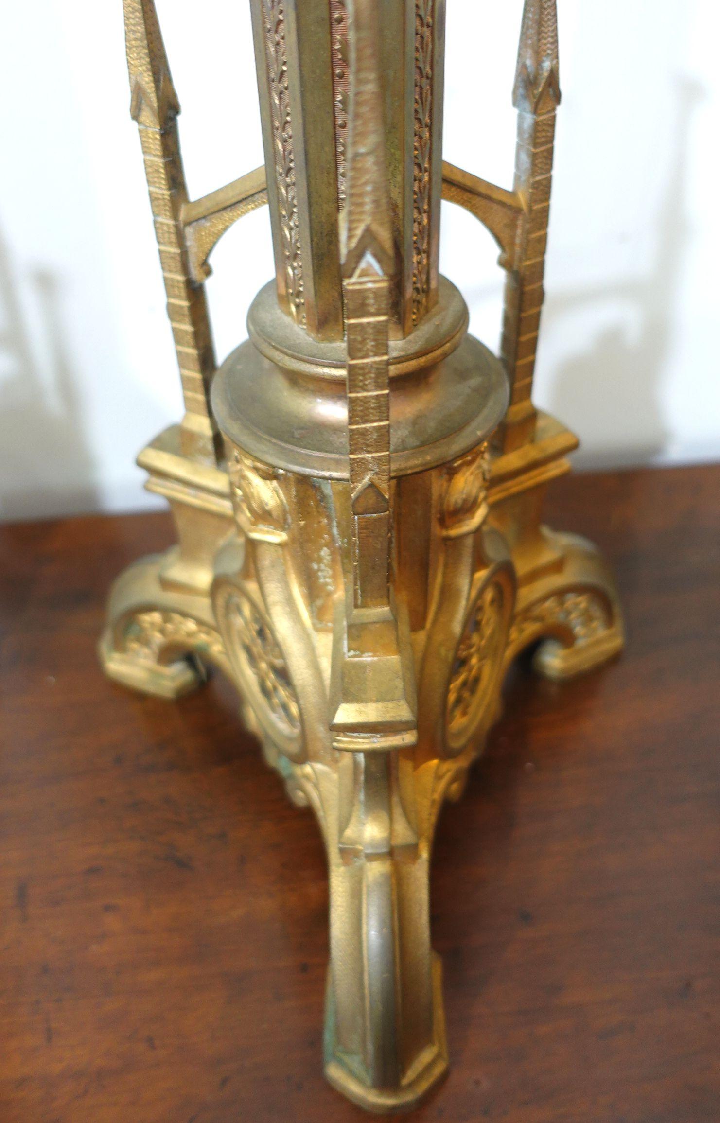 Antique Pair Gothic Cathedral Brass Prickets-Church/Altar Candlesticks, Ric.0043 For Sale 2
