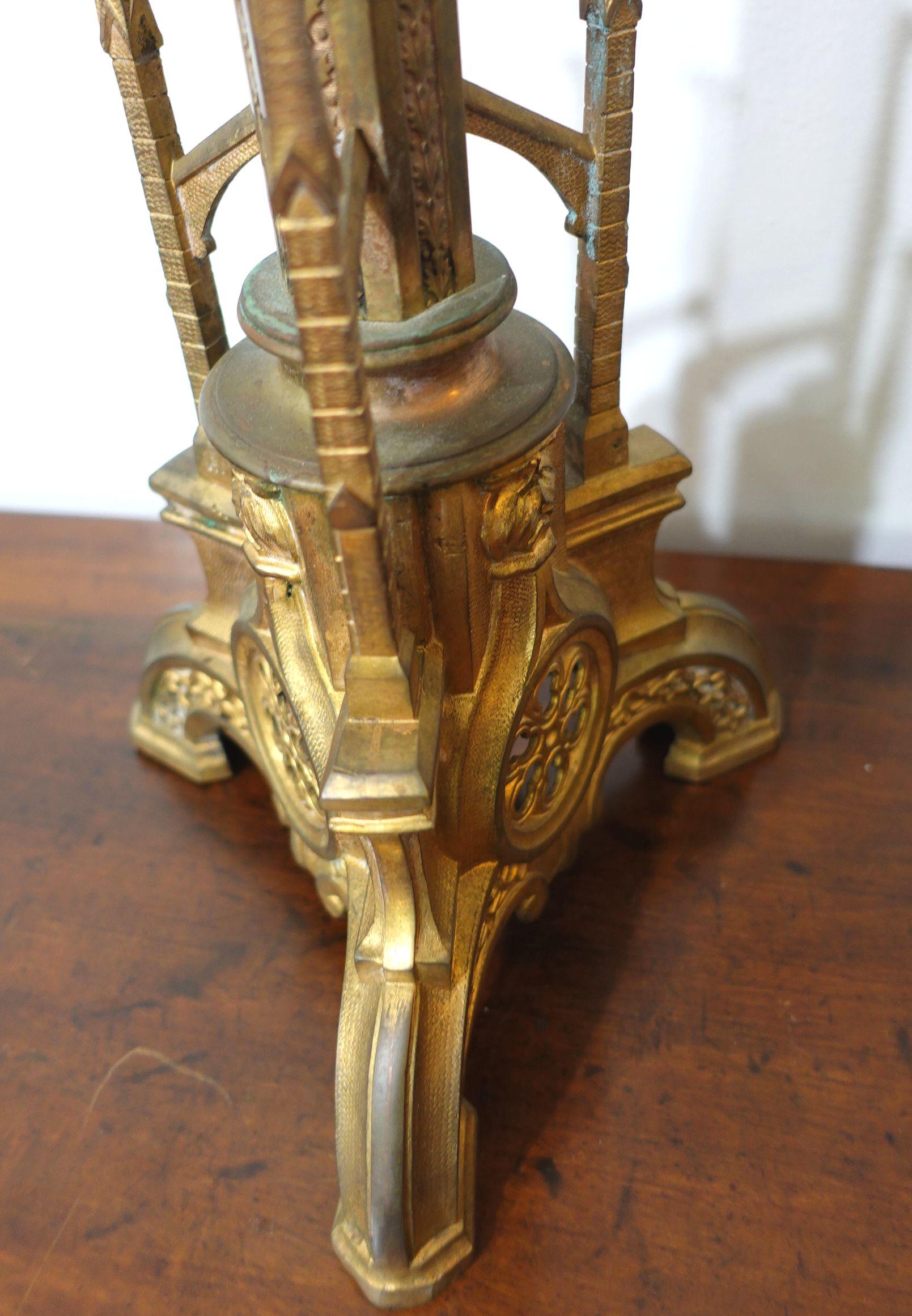Antique Pair Gothic Cathedral Brass Prickets-Church/Altar Candlesticks, Ric.0043 For Sale 3