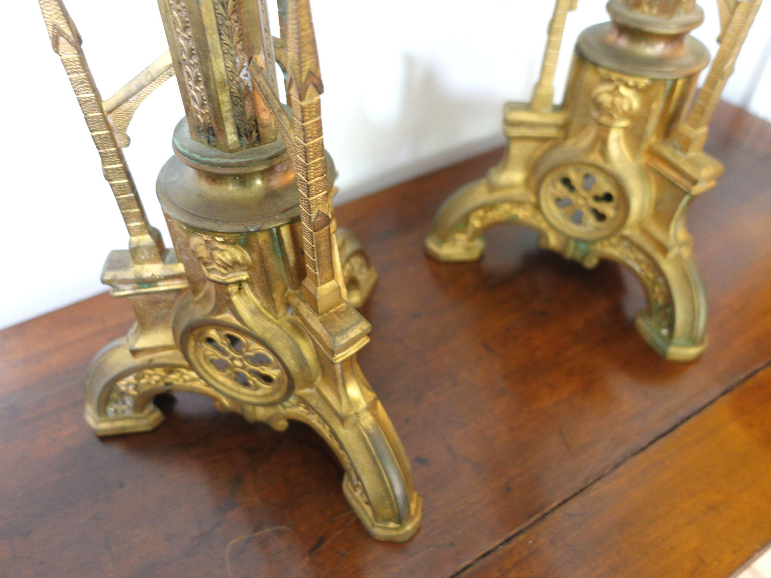 Antique Pair Gothic Cathedral Brass Prickets-Church/Altar Candlesticks, Ric.0043 For Sale 4