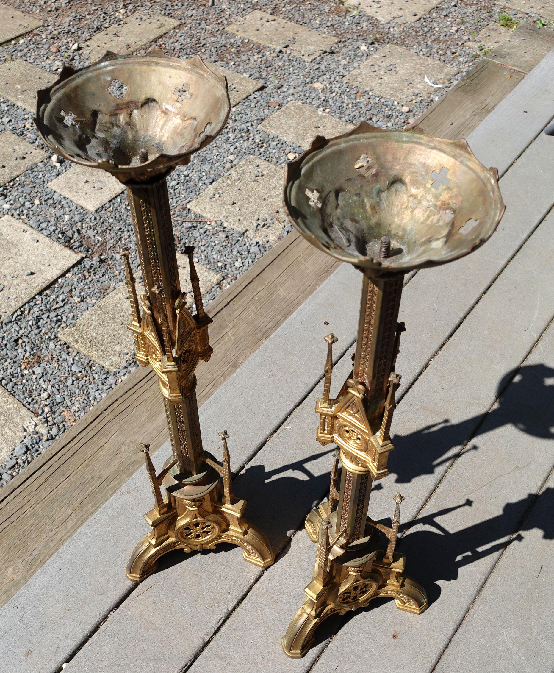 Antique Pair Gothic Cathedral Brass Prickets-Church/Altar Candlesticks, Ric.0043 For Sale 9