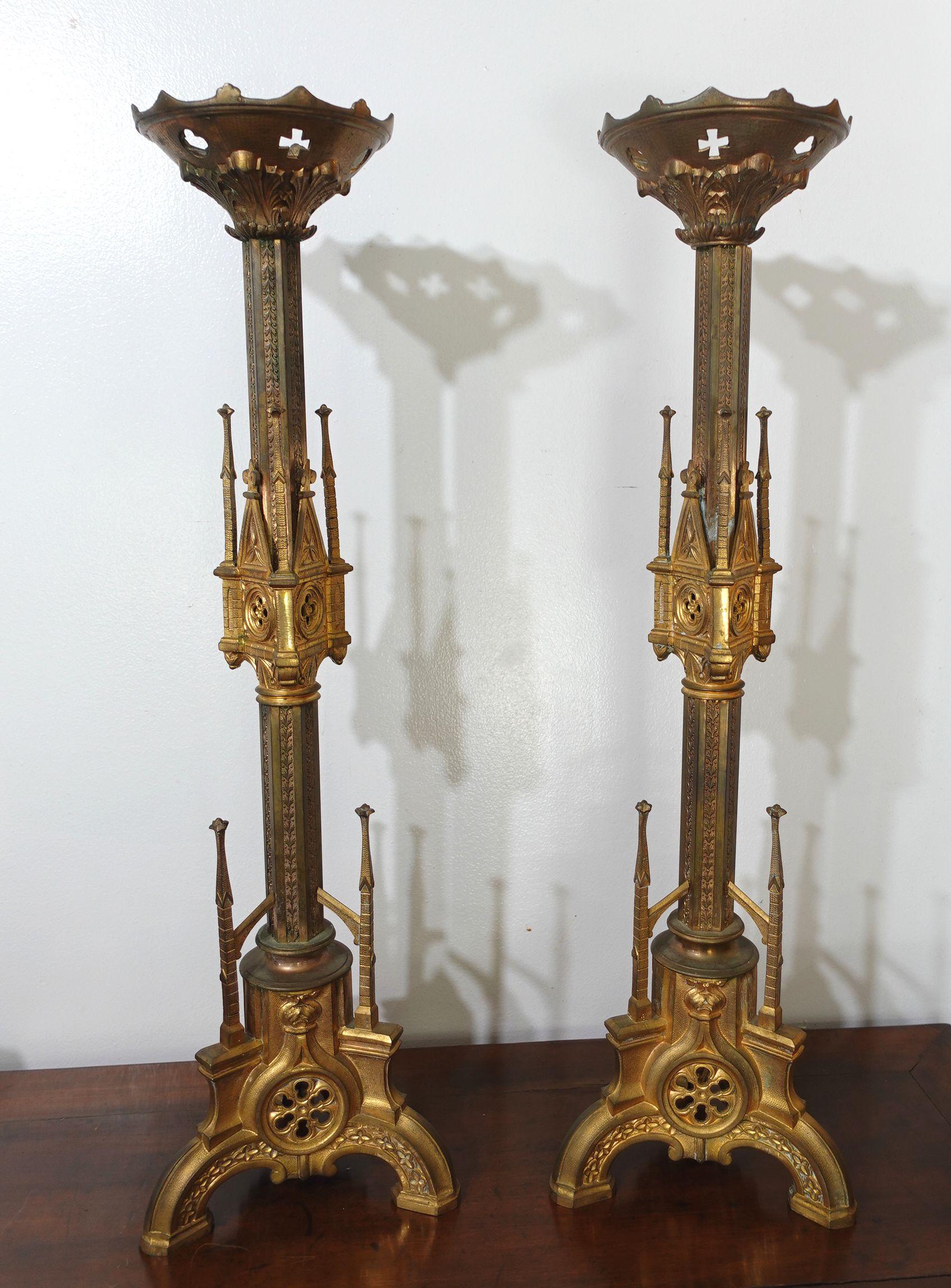 Large antique pair of Gothic Cathedral Motif brass prickets - Church/Altar candlesticks with gothic architectural design elements.
Ric.0043.
   