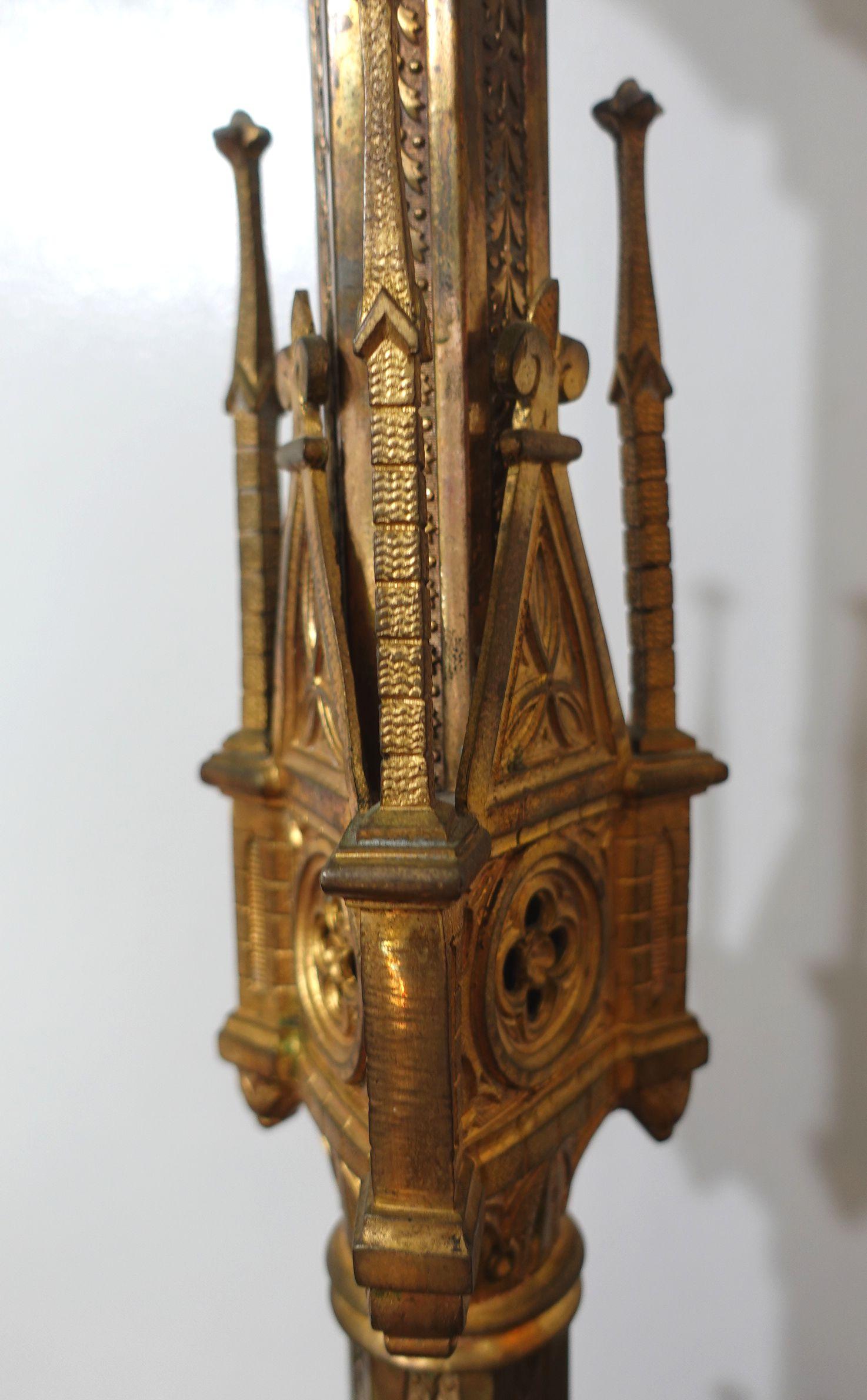 Cast Antique Pair Gothic Cathedral Brass Prickets-Church/Altar Candlesticks, Ric.0043 For Sale