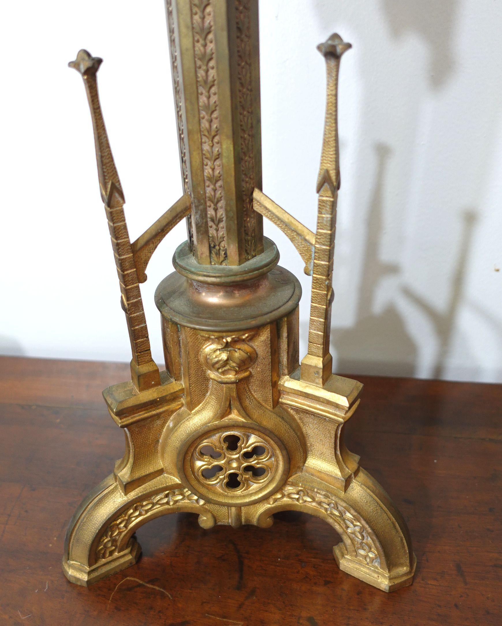 Antique Pair Gothic Cathedral Brass Prickets-Church/Altar Candlesticks, Ric.0043 In Good Condition For Sale In Norton, MA