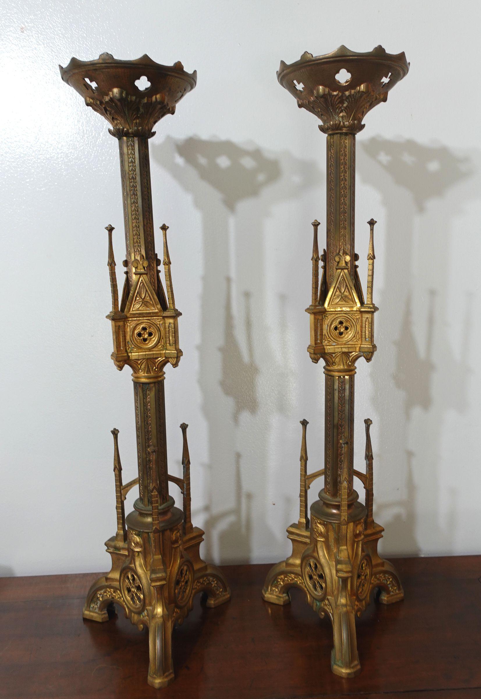 19th Century Antique Pair Gothic Cathedral Brass Prickets-Church/Altar Candlesticks, Ric.0043 For Sale