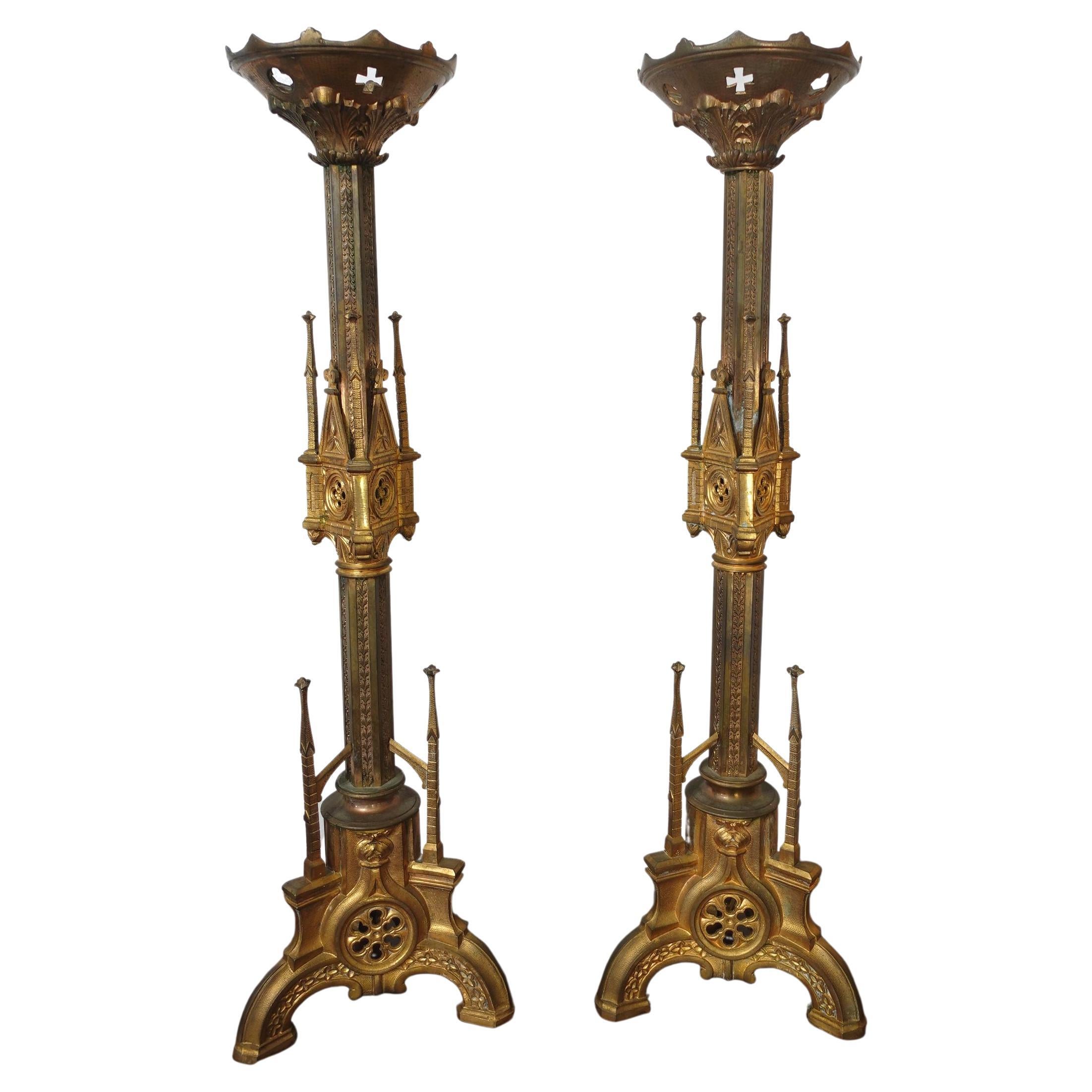 Antique Pair Gothic Cathedral Brass Prickets-Church/Altar Candlesticks, Ric.0043 For Sale