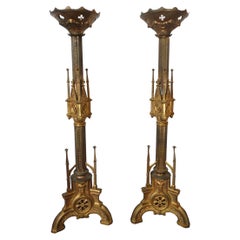 Used Pair Gothic Cathedral Brass Prickets-Church/Altar Candlesticks, Ric.0043