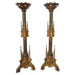 Antique Pair Gothic Cathedral Brass Prickets-Church/Altar Candlesticks, Ric.0043