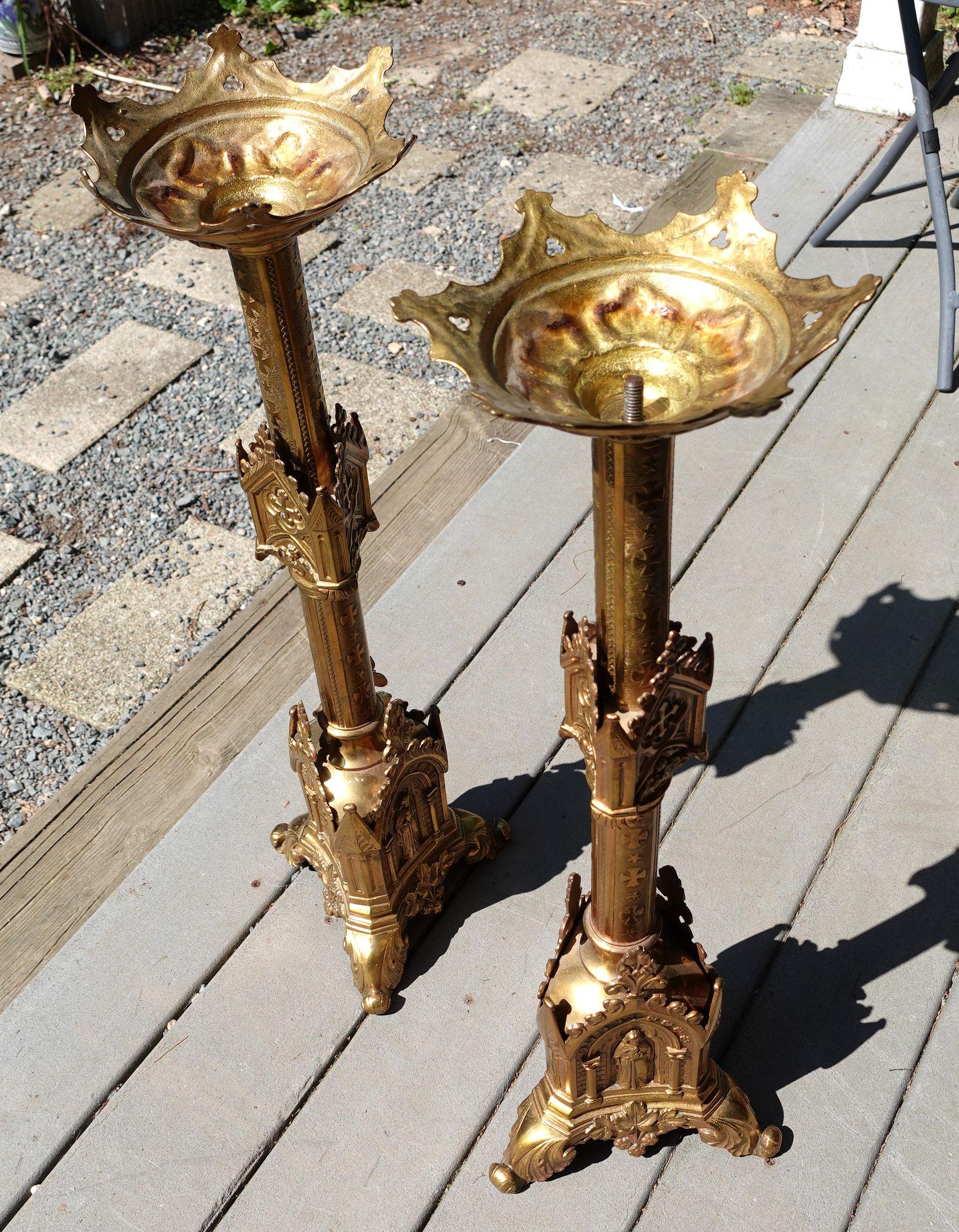 Antique Pair Gothic Cathedral Brass Prickets-Church/Altar candlesticks, Ric.0044 For Sale 6