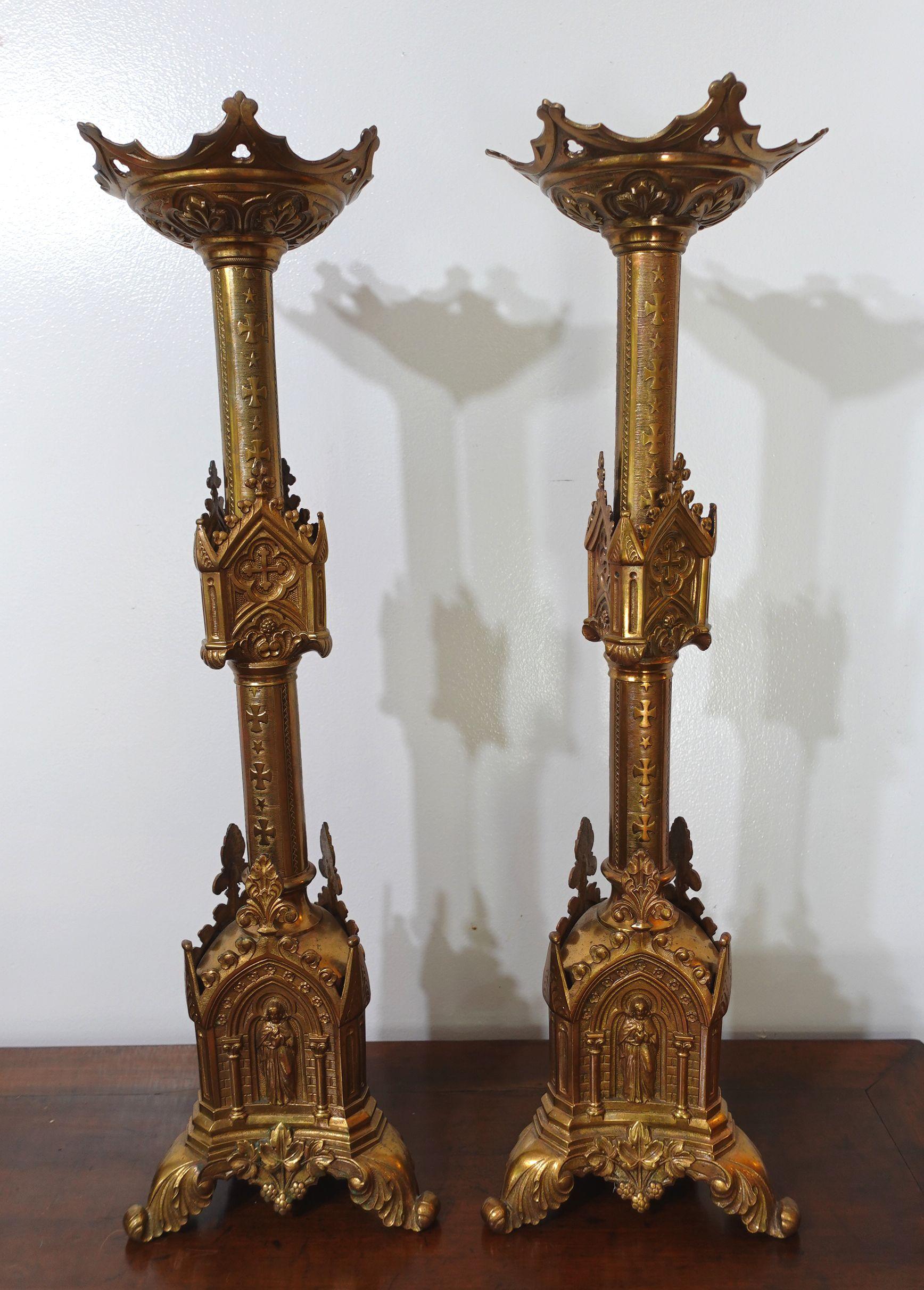 Large Antique Pair of Gothic Cathedral Motif Brass Prickets - Church/Altar candlesticks with gothic architectural design elements.
Ric.0044.
 