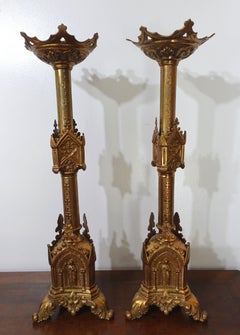 Antique Pair Gothic Cathedral Brass Prickets-Church/Altar candlesticks, Ric.0044