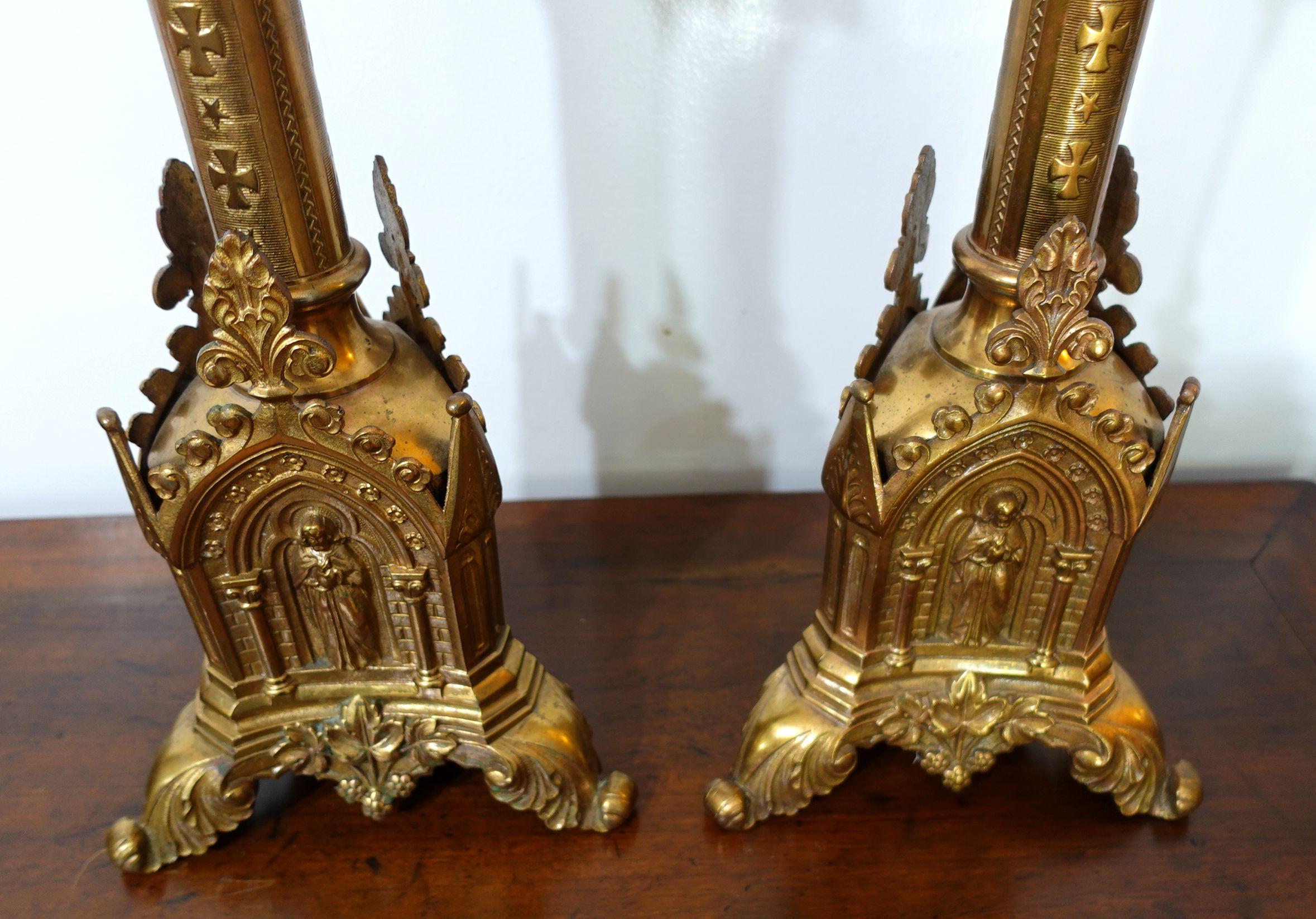 Cast Antique Pair Gothic Cathedral Brass Prickets-Church/Altar candlesticks, Ric.0044 For Sale