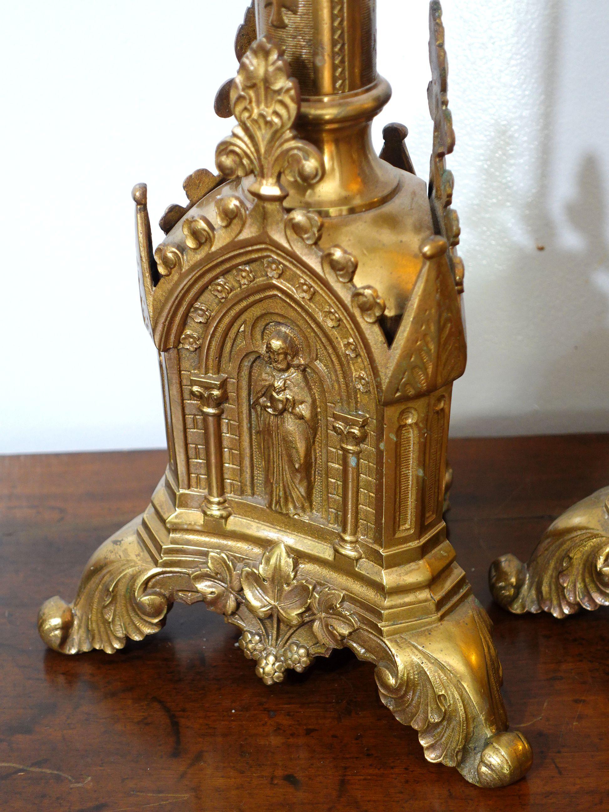 Antique Pair Gothic Cathedral Brass Prickets-Church/Altar candlesticks, Ric.0044 For Sale 1