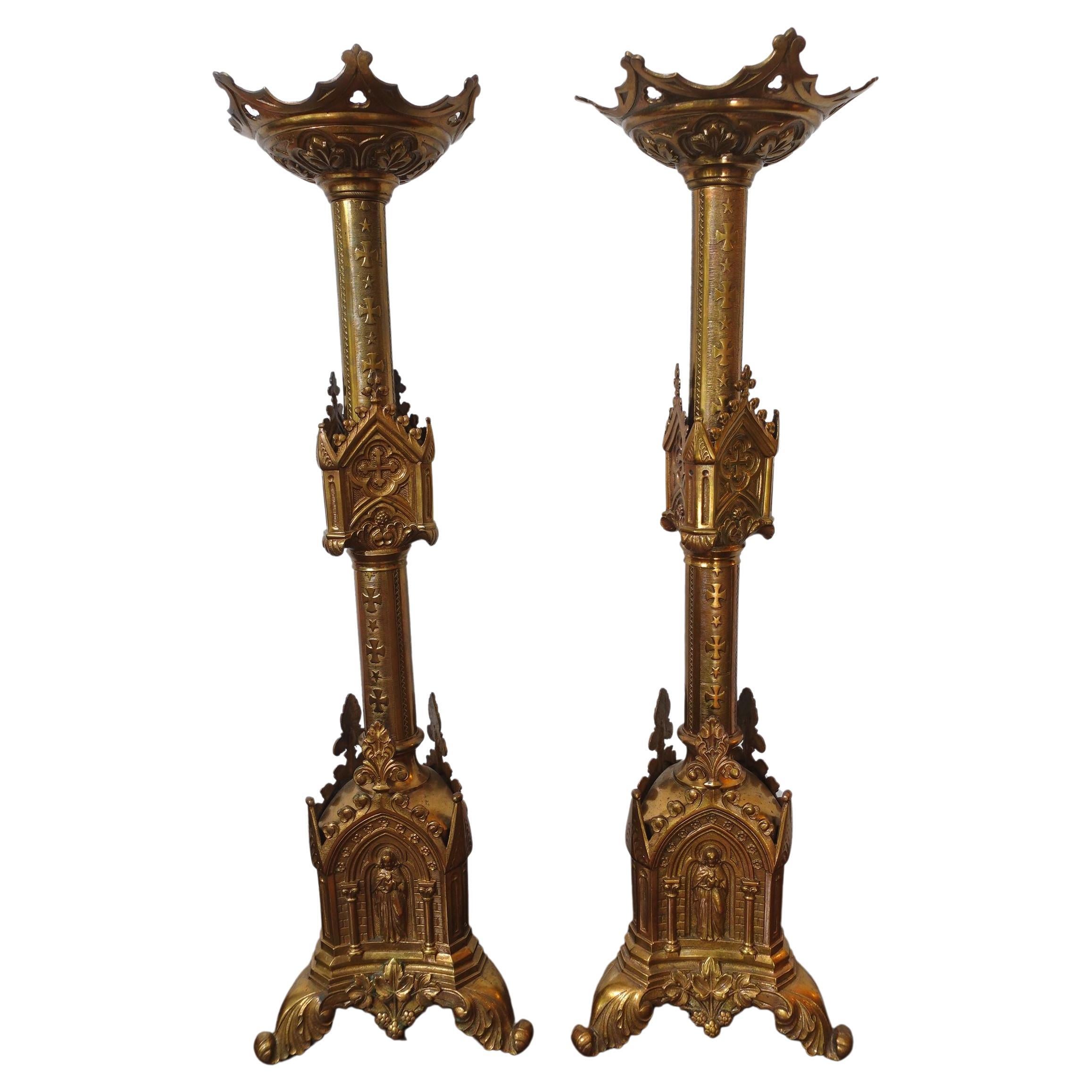 Antique Pair Gothic Cathedral Brass Prickets-Church/Altar candlesticks, Ric.0044 For Sale