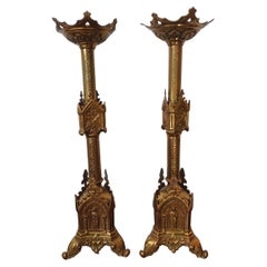 Used Pair Gothic Cathedral Brass Prickets-Church/Altar candlesticks, Ric.0044