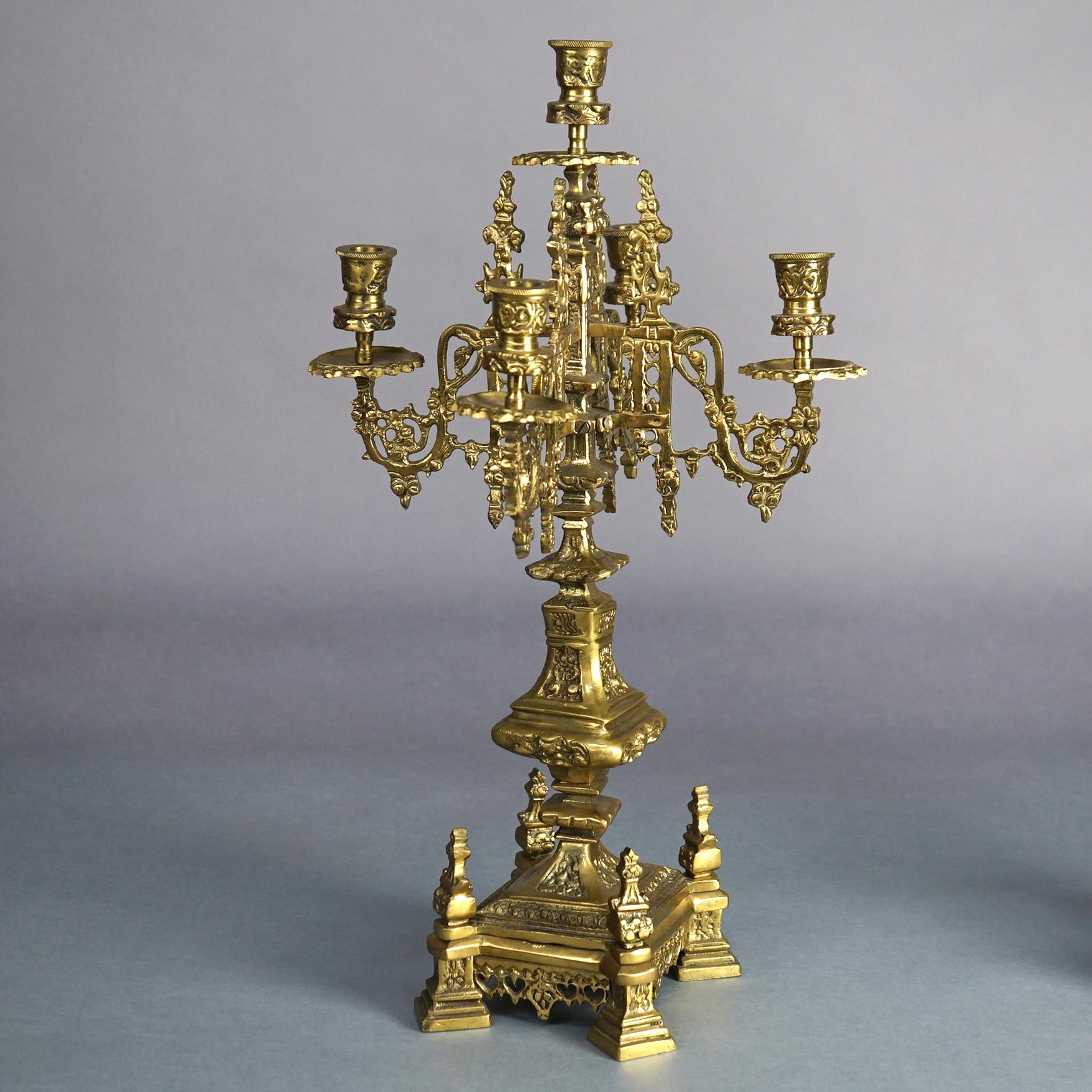Antique Pair Gothic Revival Bronzed Five-Light & Footed Candelabra with Foliate and Architectural Elements, C1850

Measures - 21.25