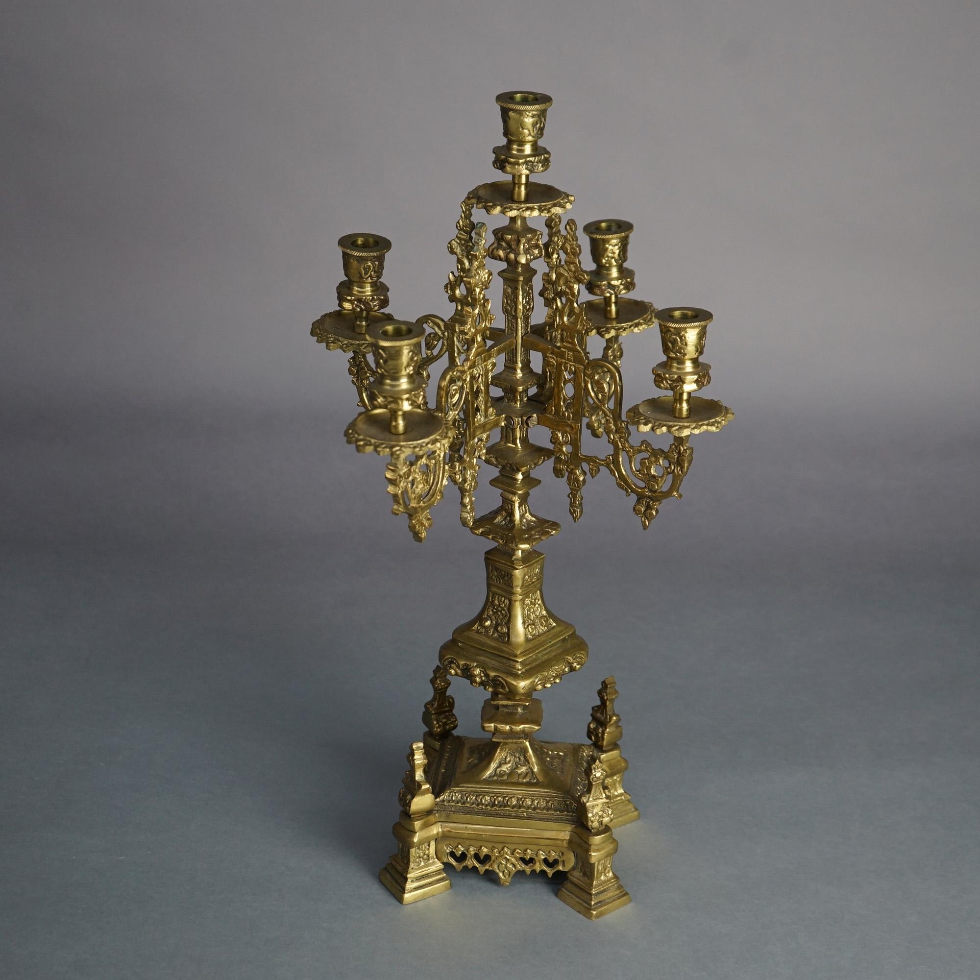 Antique Pair Gothic Revival Bronzed Five-Light & Footed Candelabra C1850 In Good Condition For Sale In Big Flats, NY
