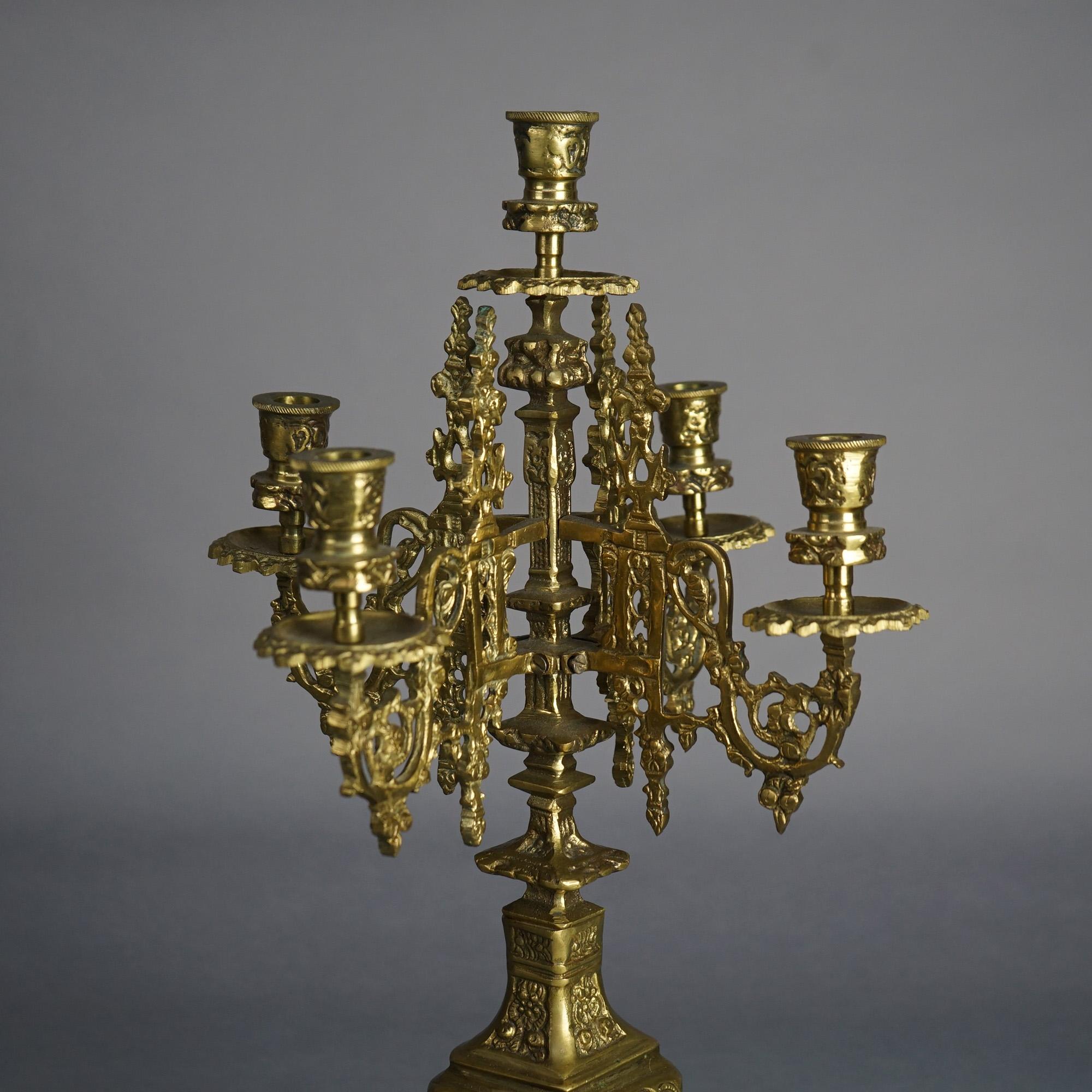 19th Century Antique Pair Gothic Revival Bronzed Five-Light & Footed Candelabra C1850 For Sale