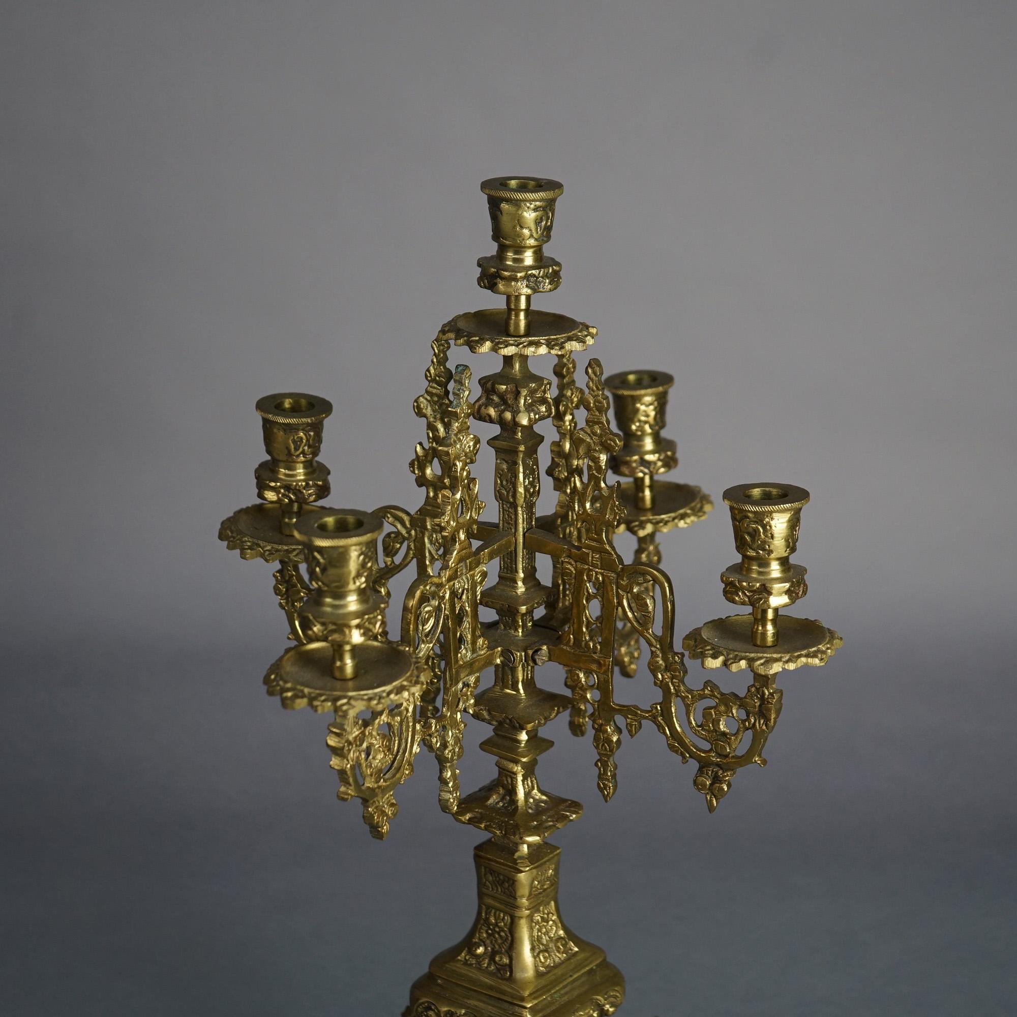 Antique Pair Gothic Revival Bronzed Five-Light & Footed Candelabra C1850 For Sale 1