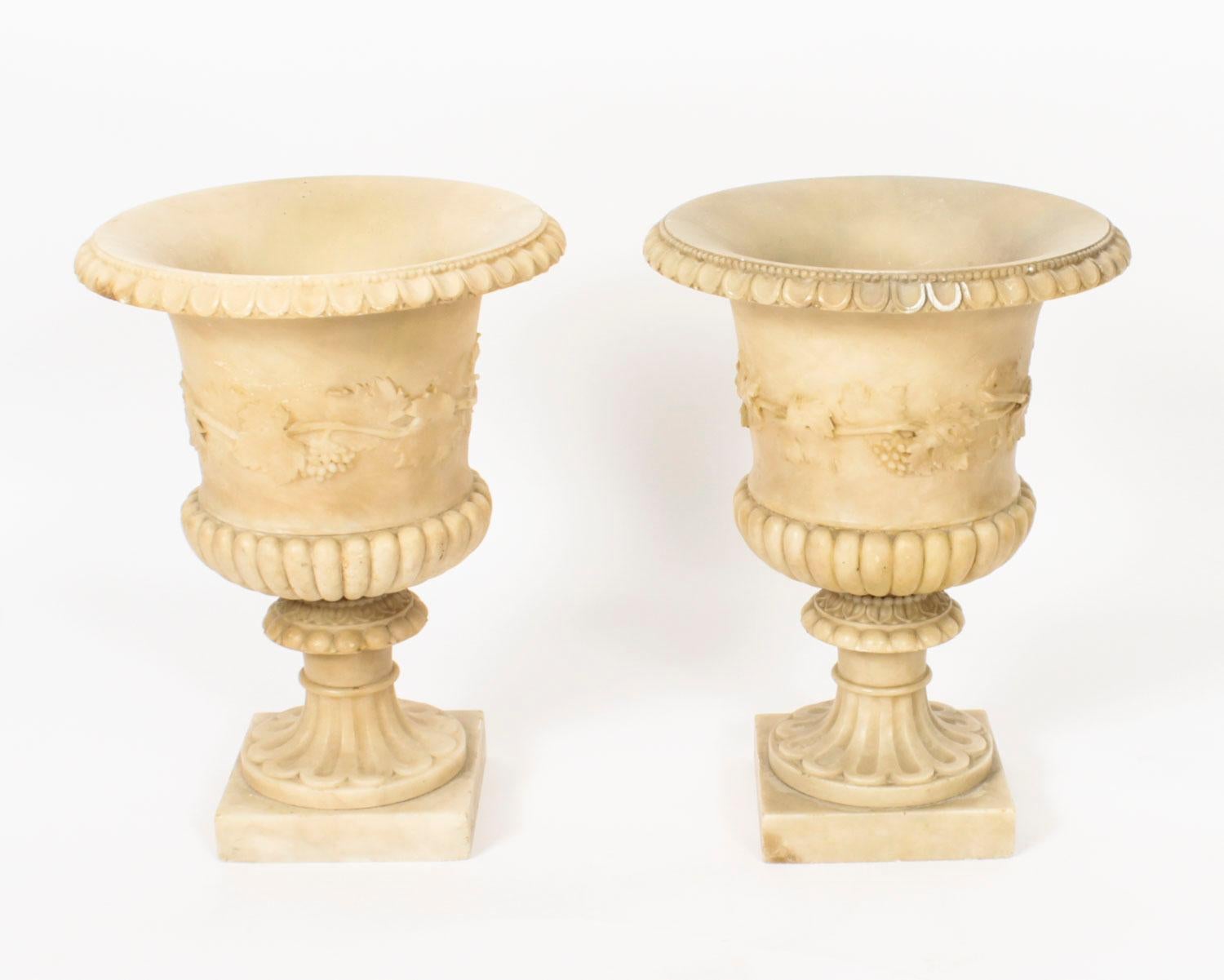 Antique Pair Grand Tour Alabaster Campana Urns 19th Century 8