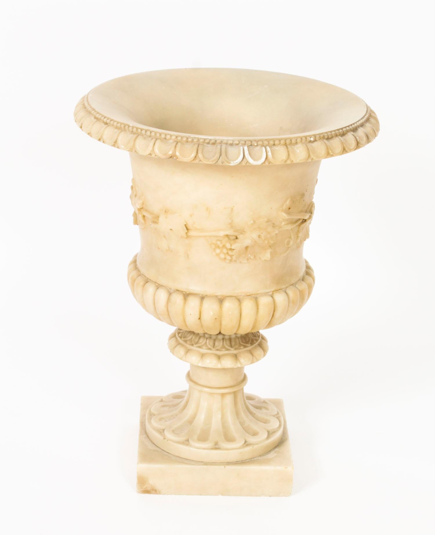 A superb antique pair of large Italian  Grand Tour alabaster Campana urns, circa 1870 in date.

This pair of campana urns are after the Borghese models with classical  relief decoration with beaded rims and carved fruiting vine collars, on  fluted