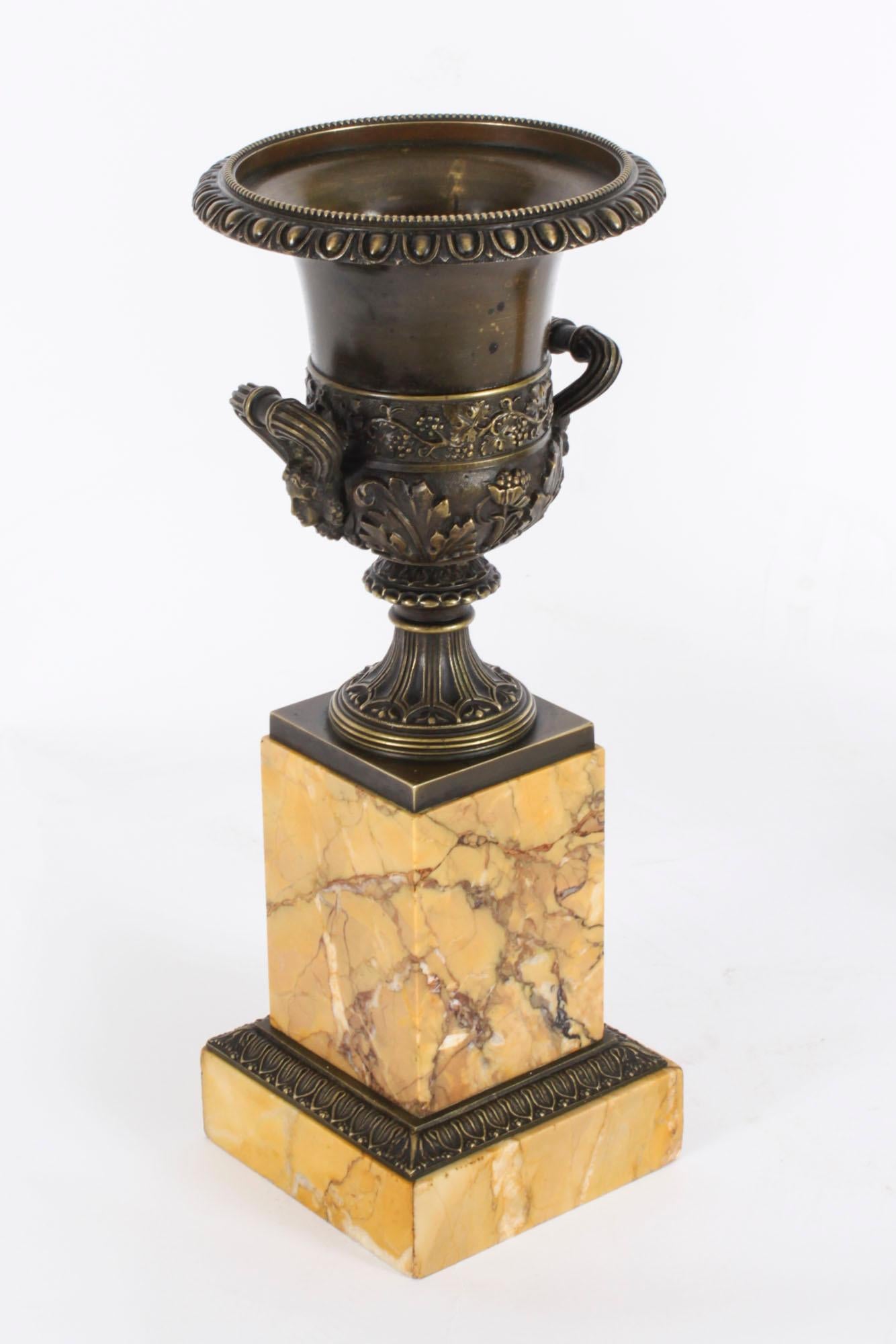 Antique Pair Grand Tour Borghese Bronze & Siena Marble Campana Urns 19th Century For Sale 7