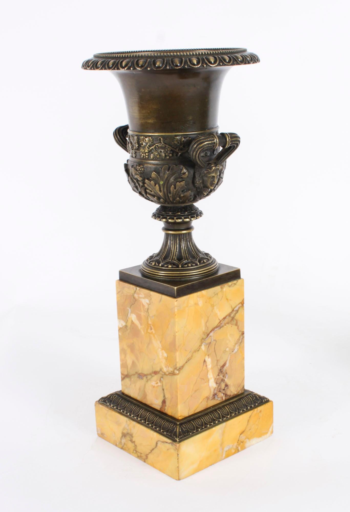 Antique Pair Grand Tour Borghese Bronze & Siena Marble Campana Urns 19th Century For Sale 12