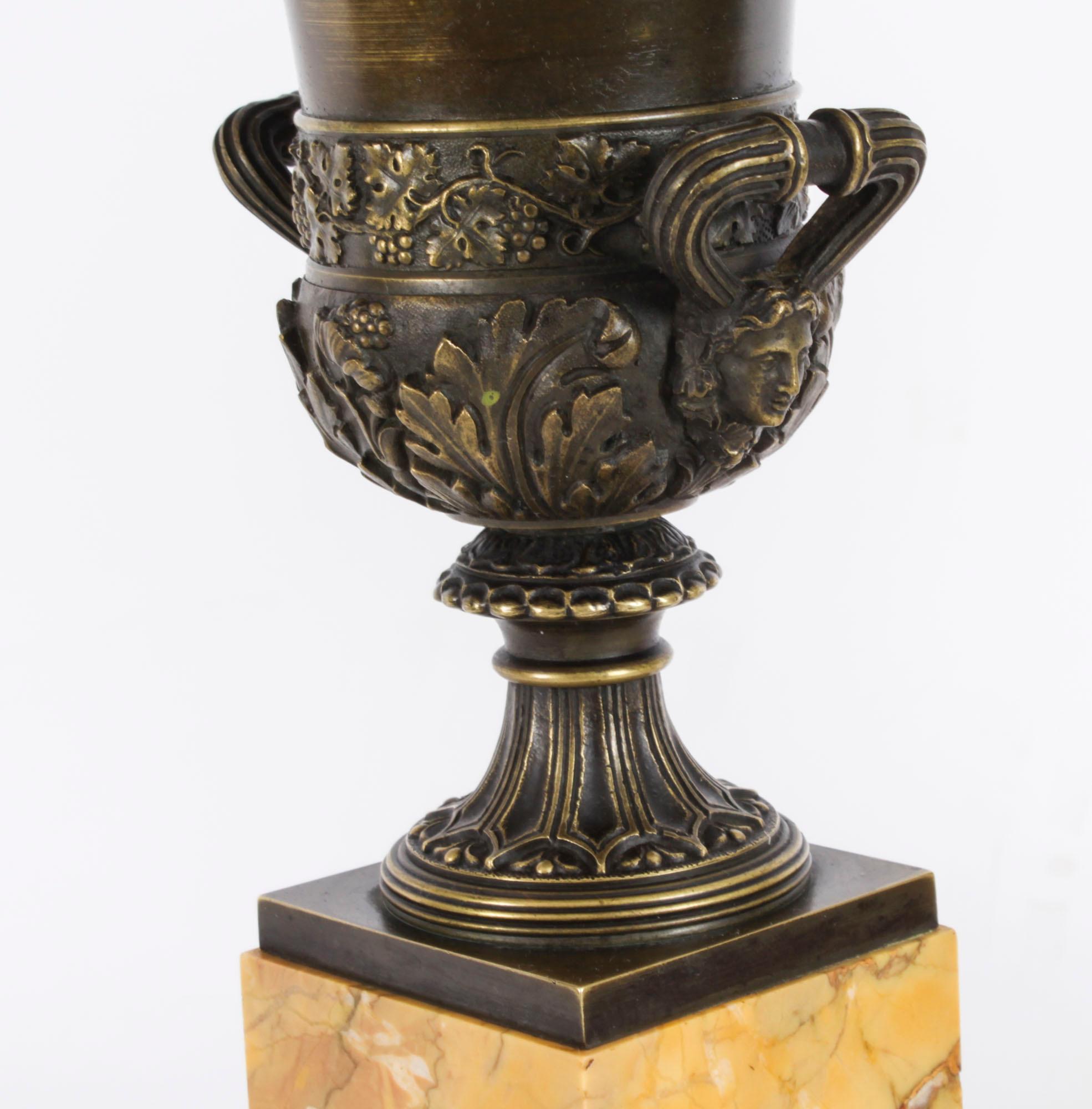 Antique Pair Grand Tour Borghese Bronze & Siena Marble Campana Urns 19th Century For Sale 13