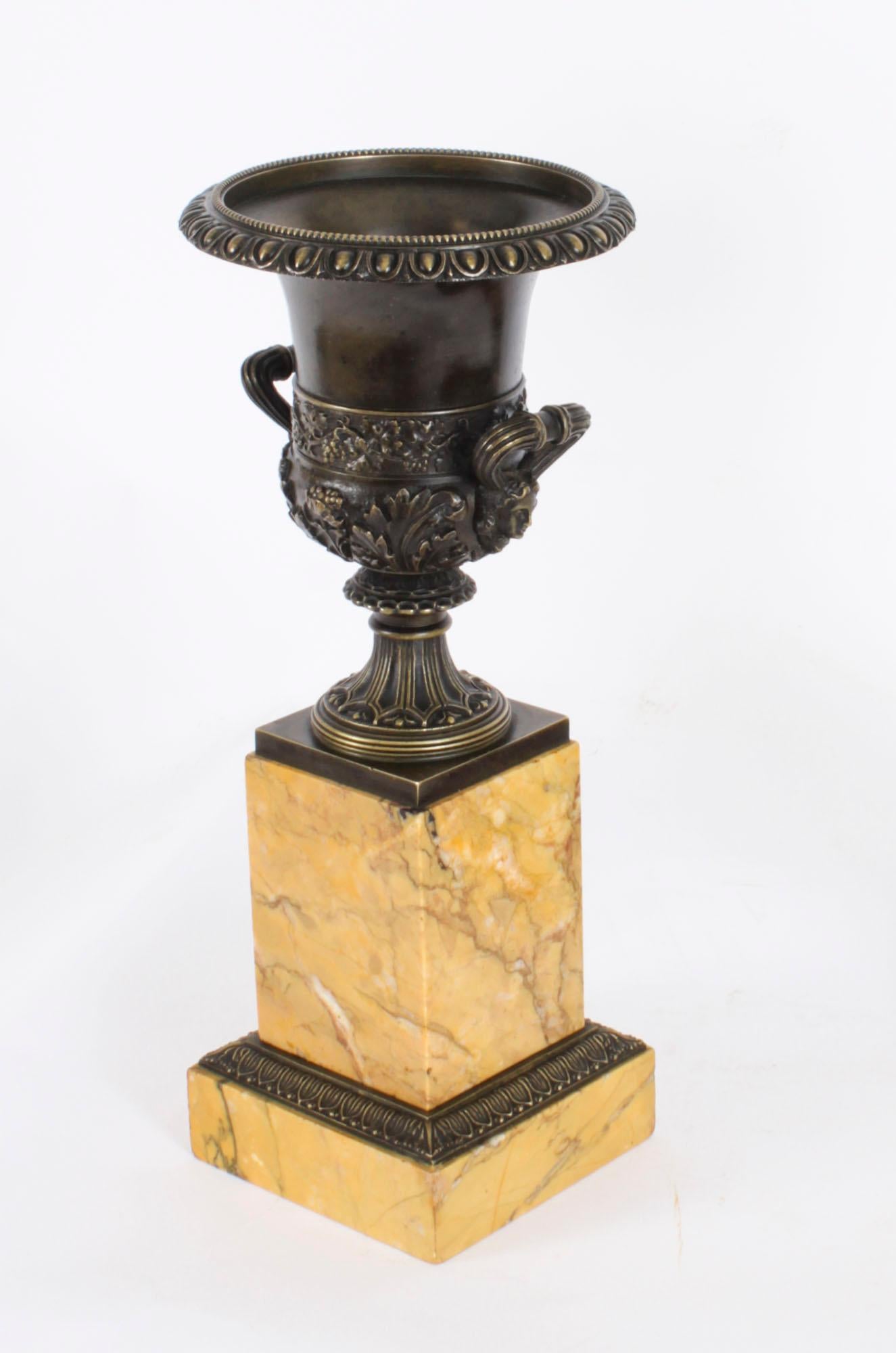 Antique Pair Grand Tour Borghese Bronze & Siena Marble Campana Urns 19th Century For Sale 15