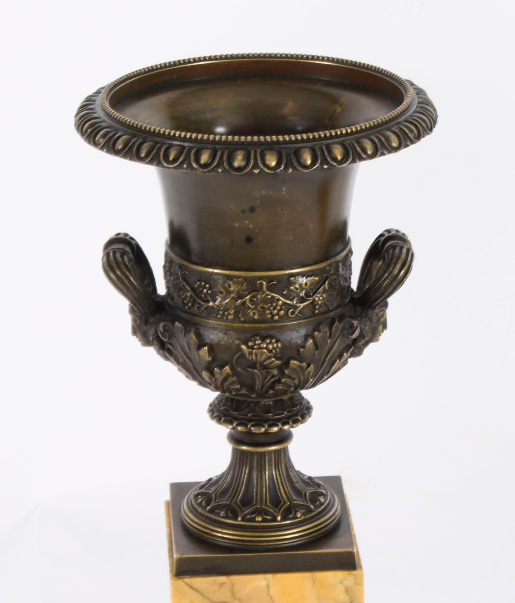 Late 19th Century Antique Pair Grand Tour Borghese Bronze & Siena Marble Campana Urns 19th Century For Sale
