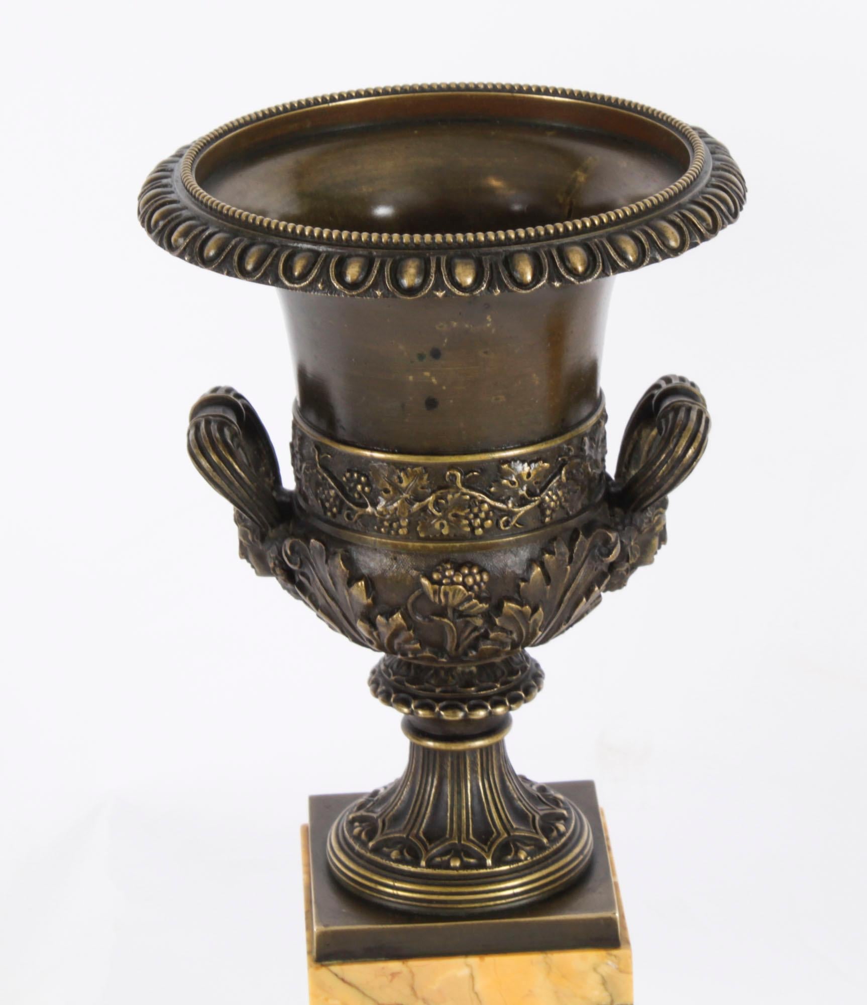 Antique Pair Grand Tour Borghese Bronze & Siena Marble Campana Urns 19th Century For Sale 1