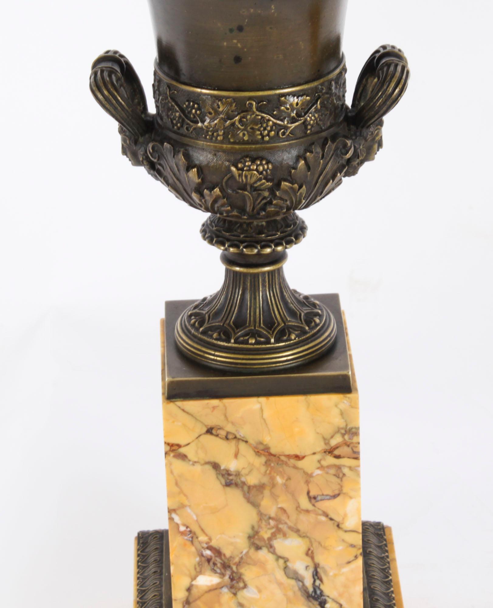 Antique Pair Grand Tour Borghese Bronze & Siena Marble Campana Urns 19th Century For Sale 2