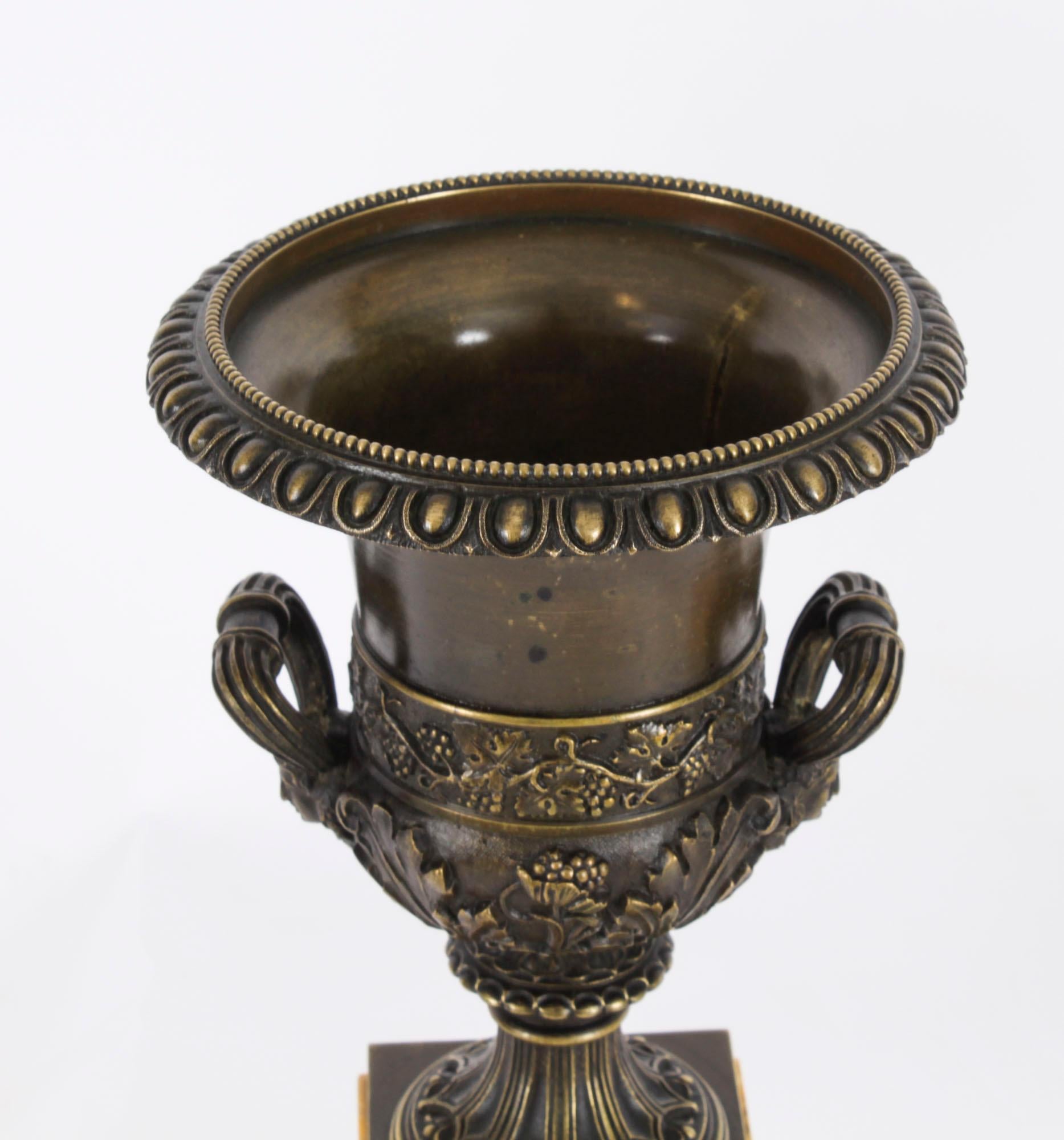 Antique Pair Grand Tour Borghese Bronze & Siena Marble Campana Urns 19th Century For Sale 5