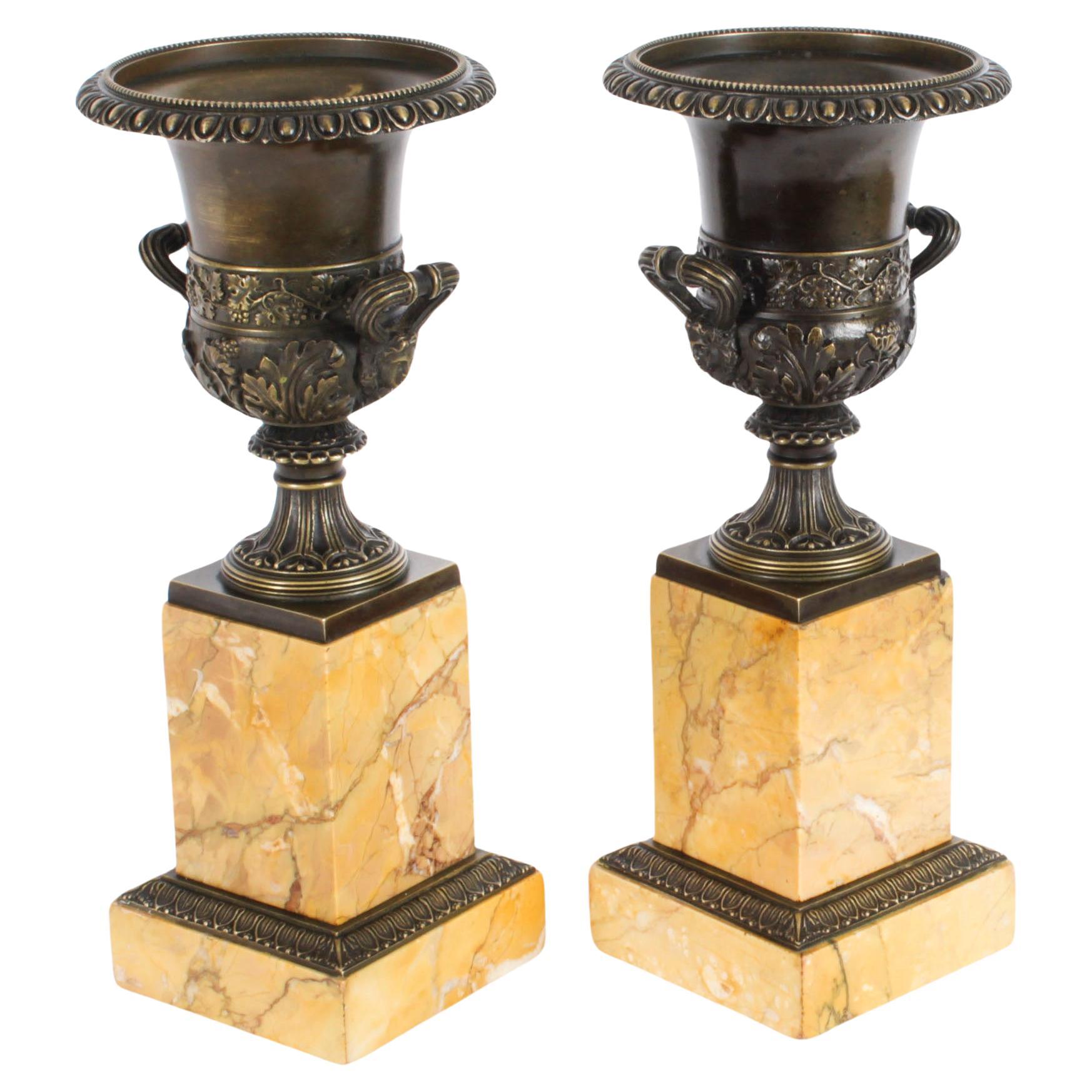 Antique Pair Grand Tour Borghese Bronze & Siena Marble Campana Urns 19th Century For Sale