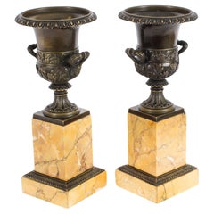 Antique Pair Grand Tour Borghese Bronze & Siena Marble Campana Urns 19th Century