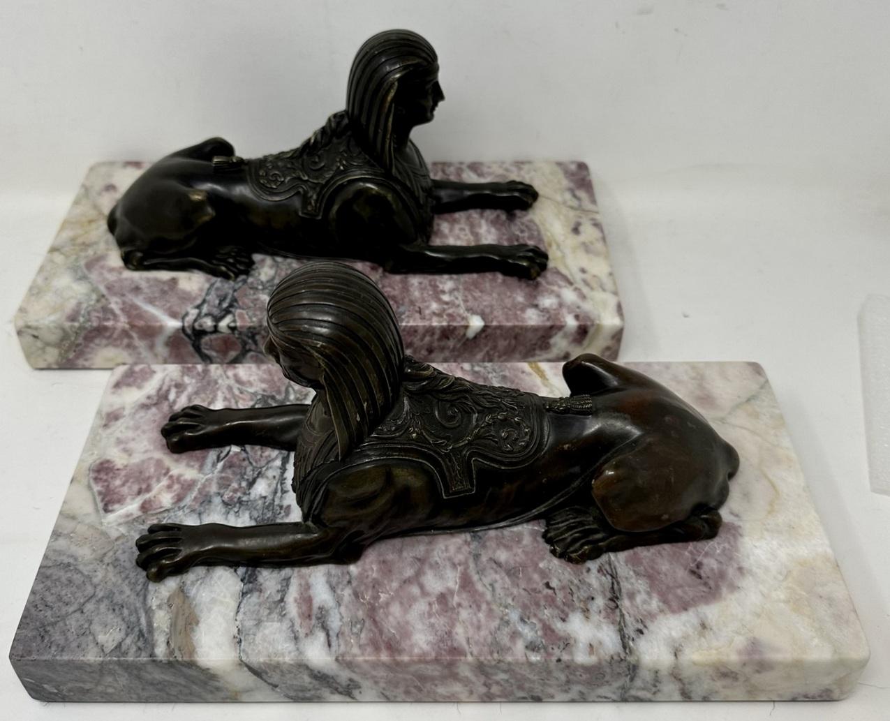 Antique Pair Grand Tour Bronze Egyptian Sphynx Figures Breche Violet Marble 19Ct In Good Condition In Dublin, Ireland