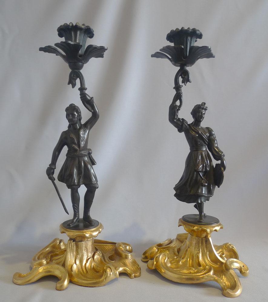 Gilt Antique pair Greek Revolution Hellenistic figural candlesticks  For Sale
