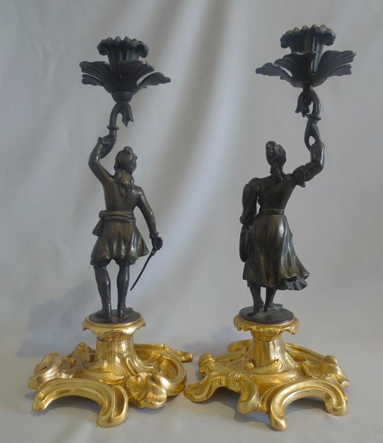 Bronze Antique pair Greek Revolution Hellenistic figural candlesticks  For Sale