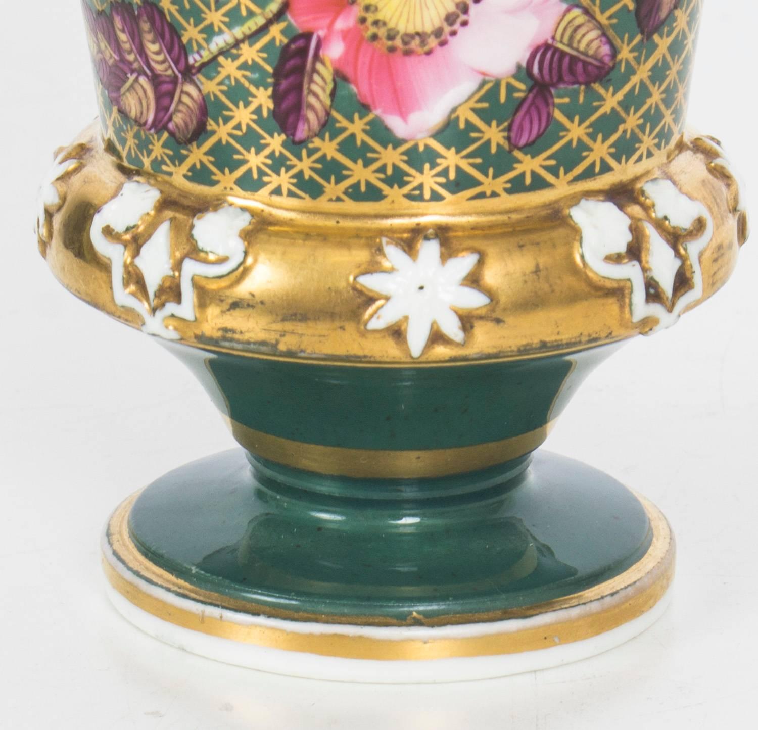 Early 19th Century Antique Pair of Green and Gilt Regency English Beaker Matchpots, 19th Century